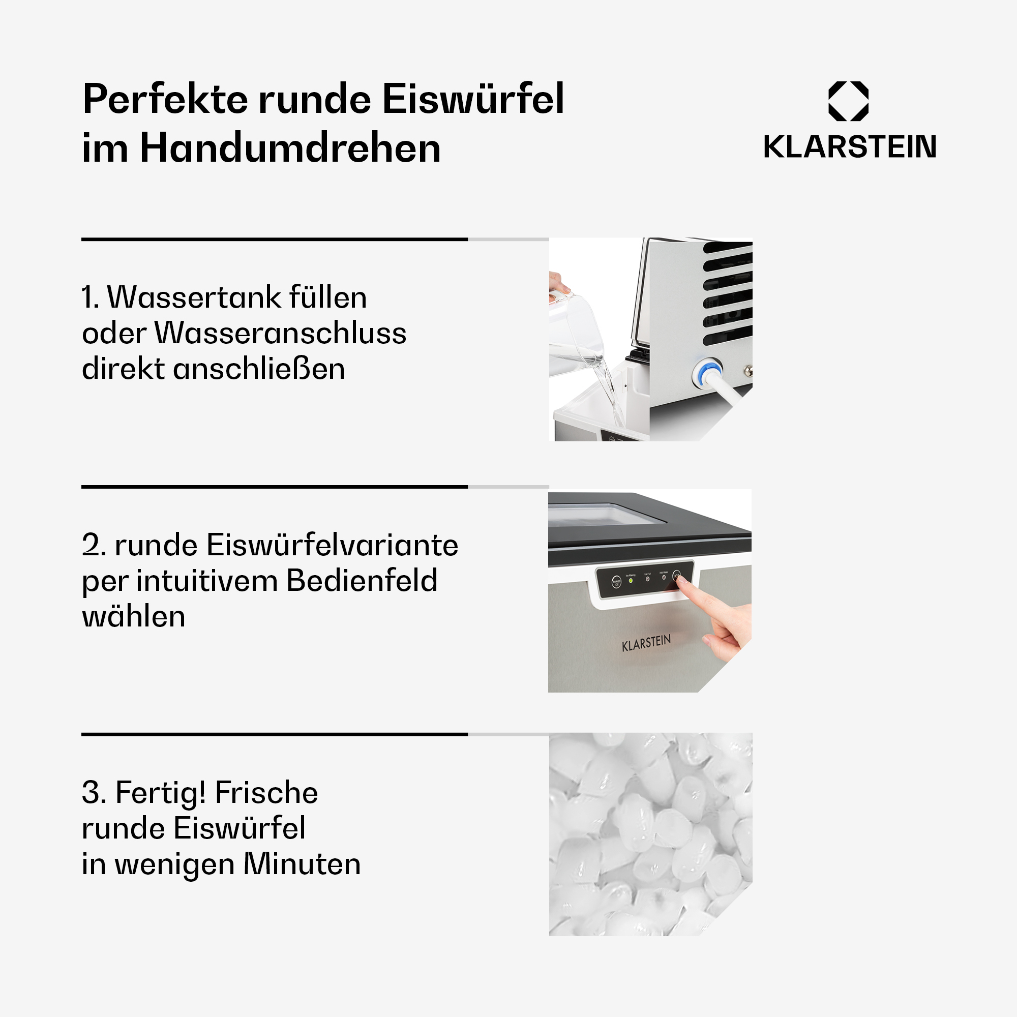 Eismaschinen Schritte: Tank füllen, Eisform wählen, frische Eiswürfel erhalten.