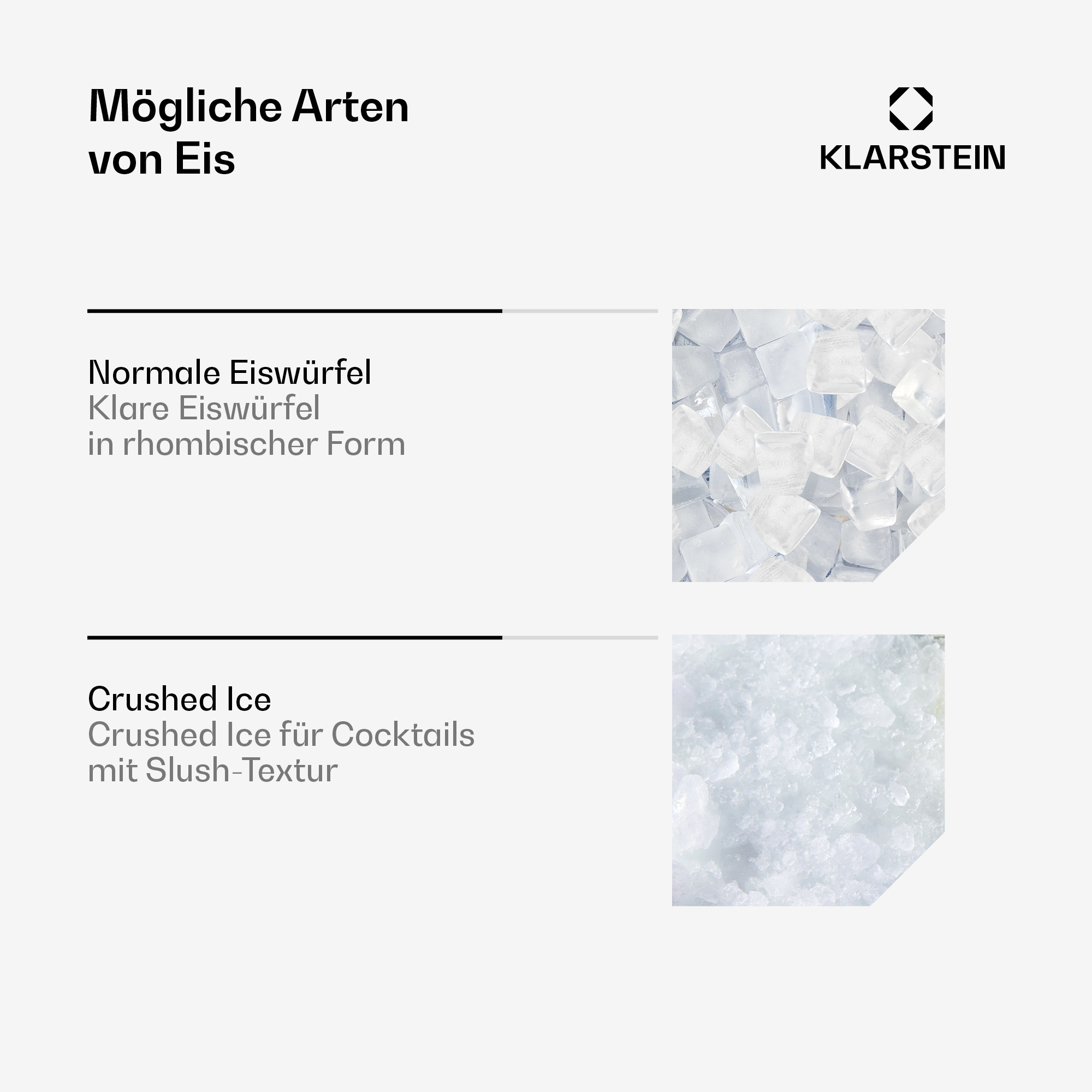 Zwei Eisarten: normale Würfel und Crushed Ice, mit deutschem Text.