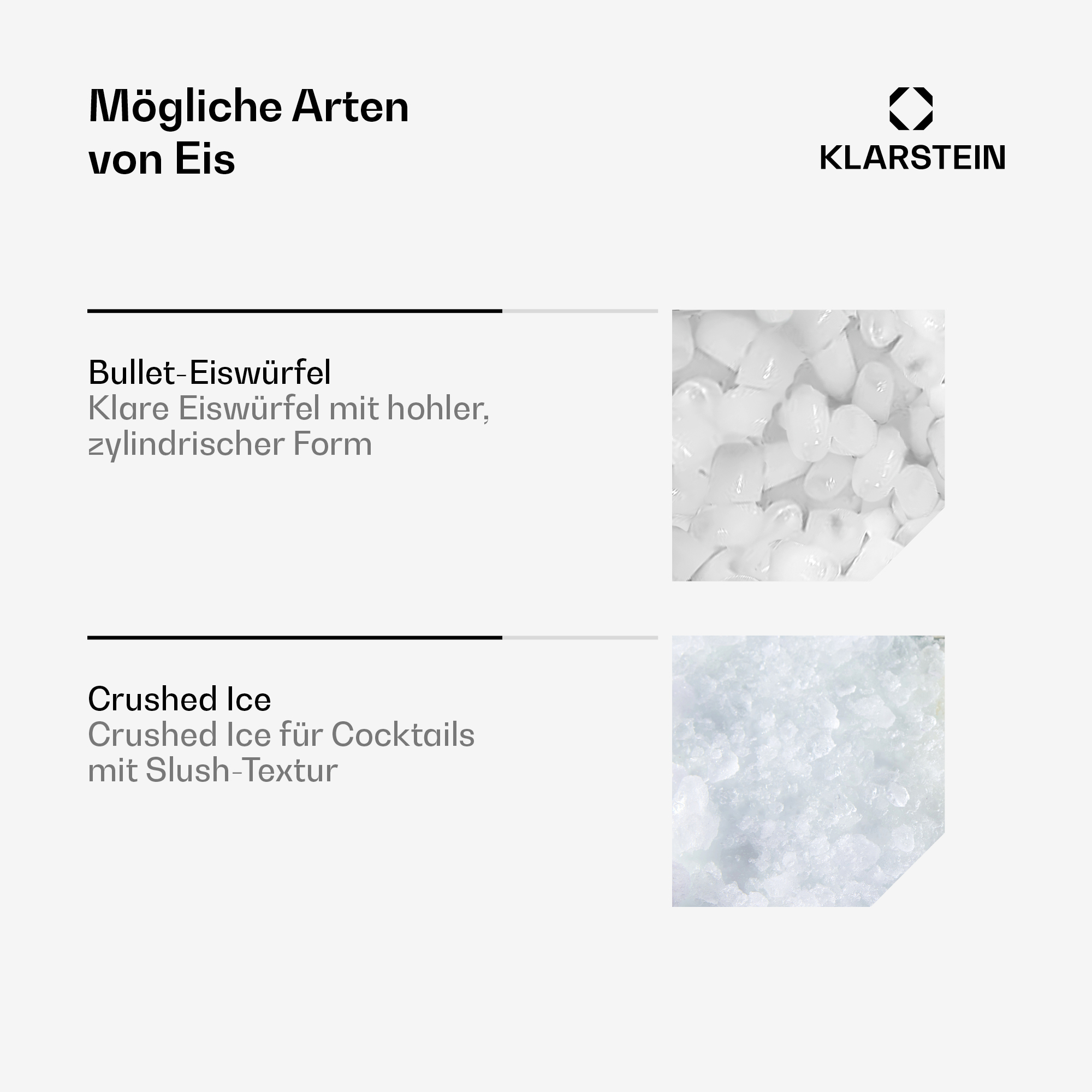 Zwei Bilder mit verschiedenen Eiswürfelarten: Bullet- und Crushed Ice.