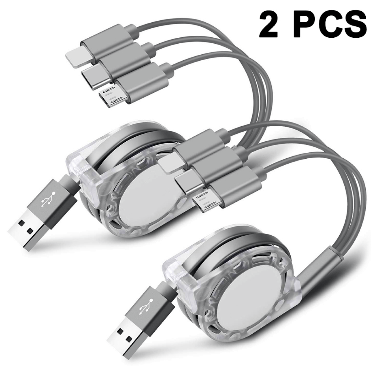 Zwei einziehbare USB-Ladekabel mit Lightning-, USB-C- und Micro-USB-Anschlüssen.