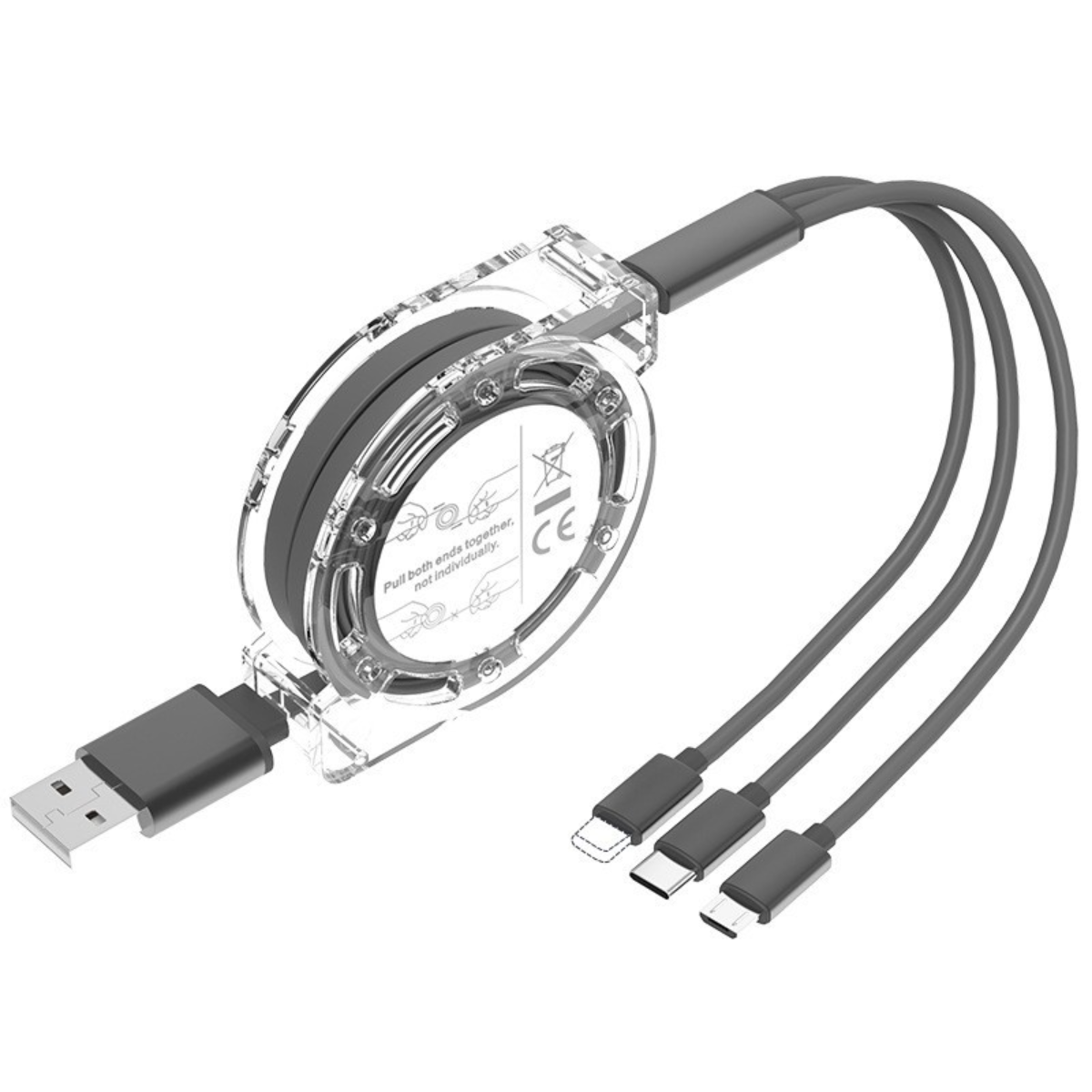 Einziehbarer Mehrfachkabel-Ladegerät mit USB-, Lightning- und USB-C-Anschlüssen.