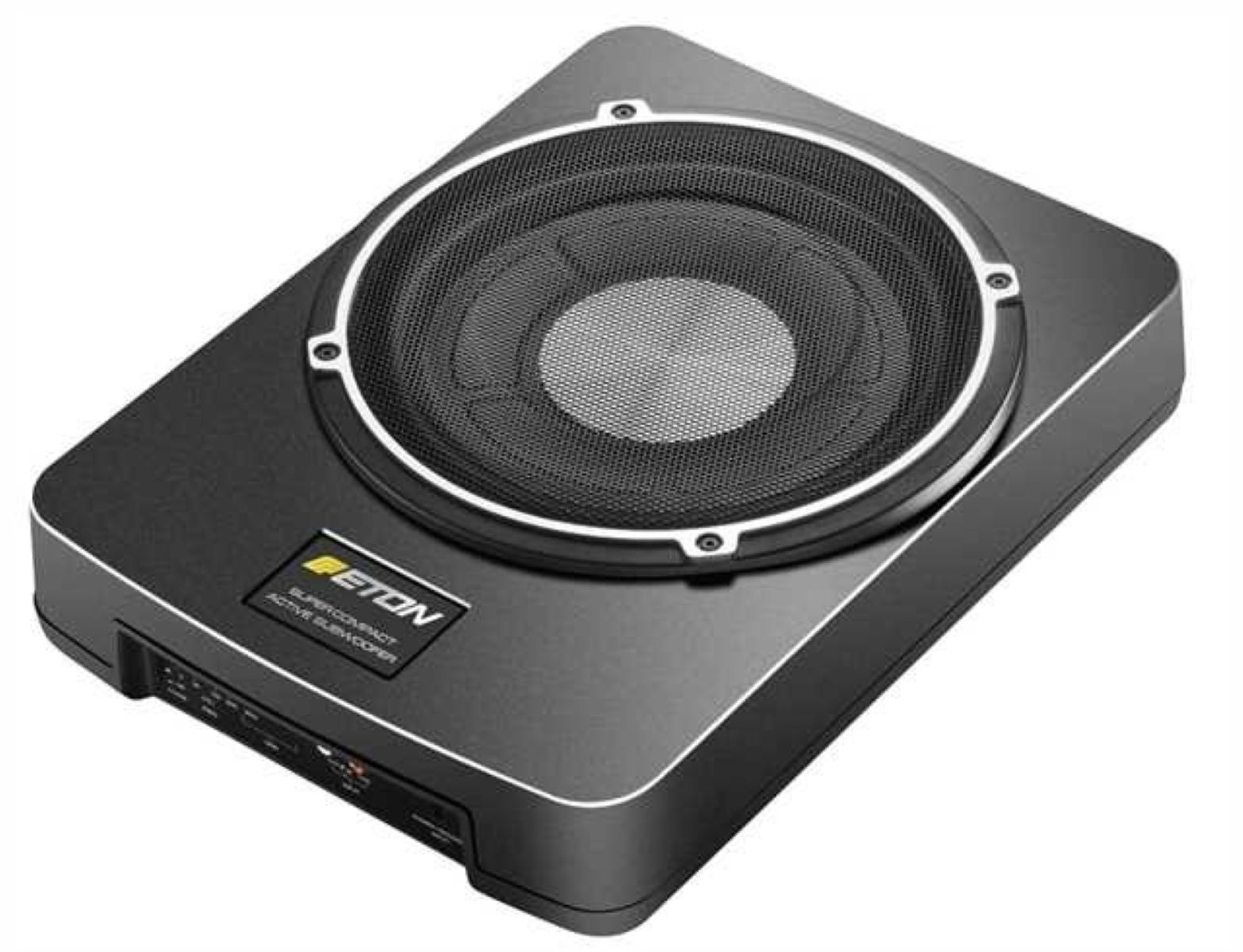 Auto-Subwoofer-Lautsprecher, schwarz mit silberner Zierleiste. Frontplatte mit Bedienelementen und Logo.