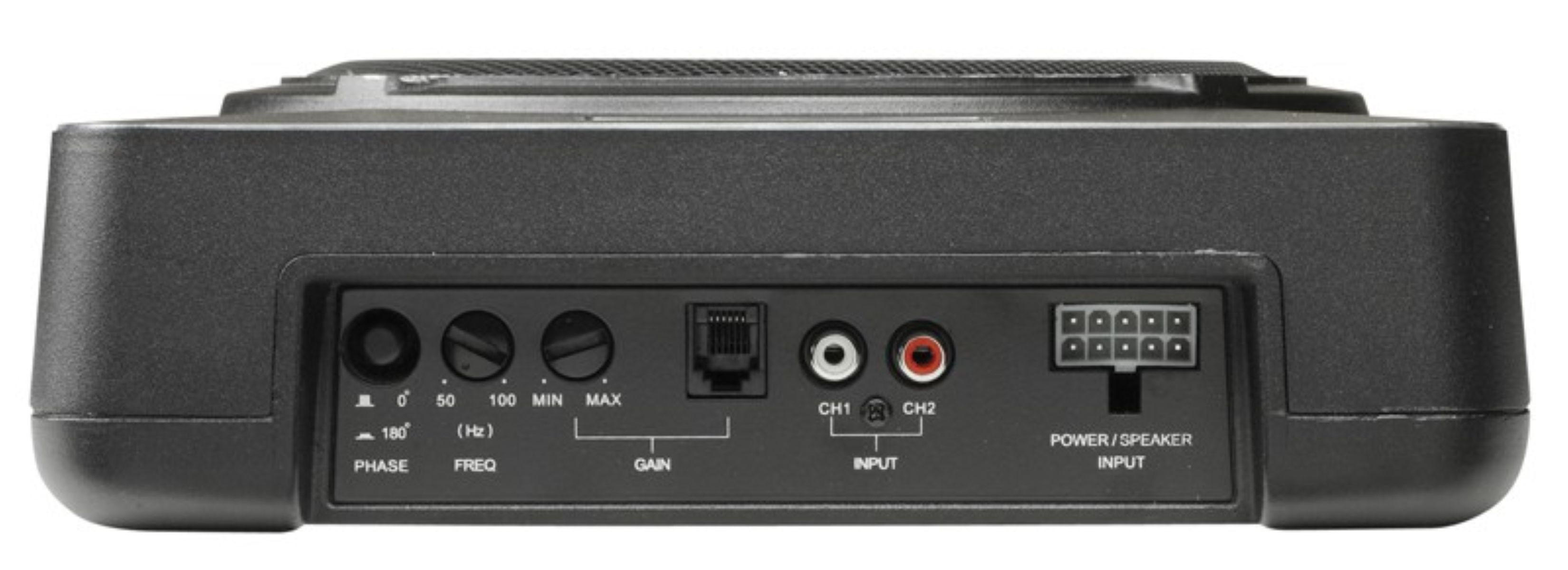 Schwarze Subwoofer-Rückseite mit Eingängen, Ausgängen und Bedienelementen. Enthält Anschlüsse für Strom- und Lautsprecher.