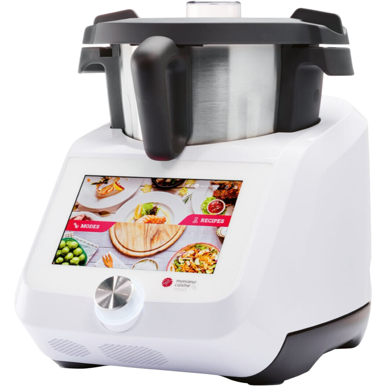 Weißer Monsieur Cuisine Küchenroboter mit Touchscreen und Griff. Der Bildschirm zeigt Essensbilder. Weißer Hintergrund.