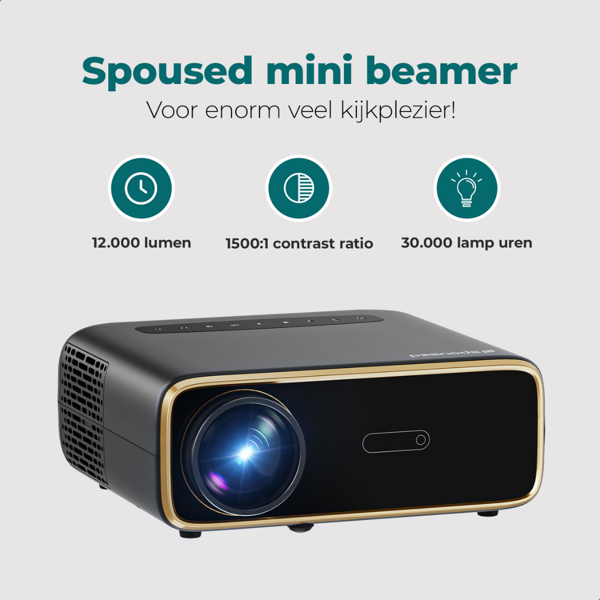 Ein schwarzer Mini-Beamer mit Goldakzenten, der Spezifikationen und Informationen auf weißem Hintergrund anzeigt.