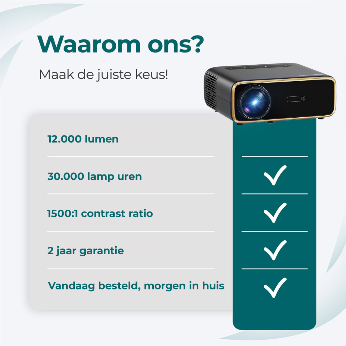 Projektor mit Text: Warum uns wählen? Merkmale: 12.000 Lumen, 30.000 Lampenstunden, u.a.