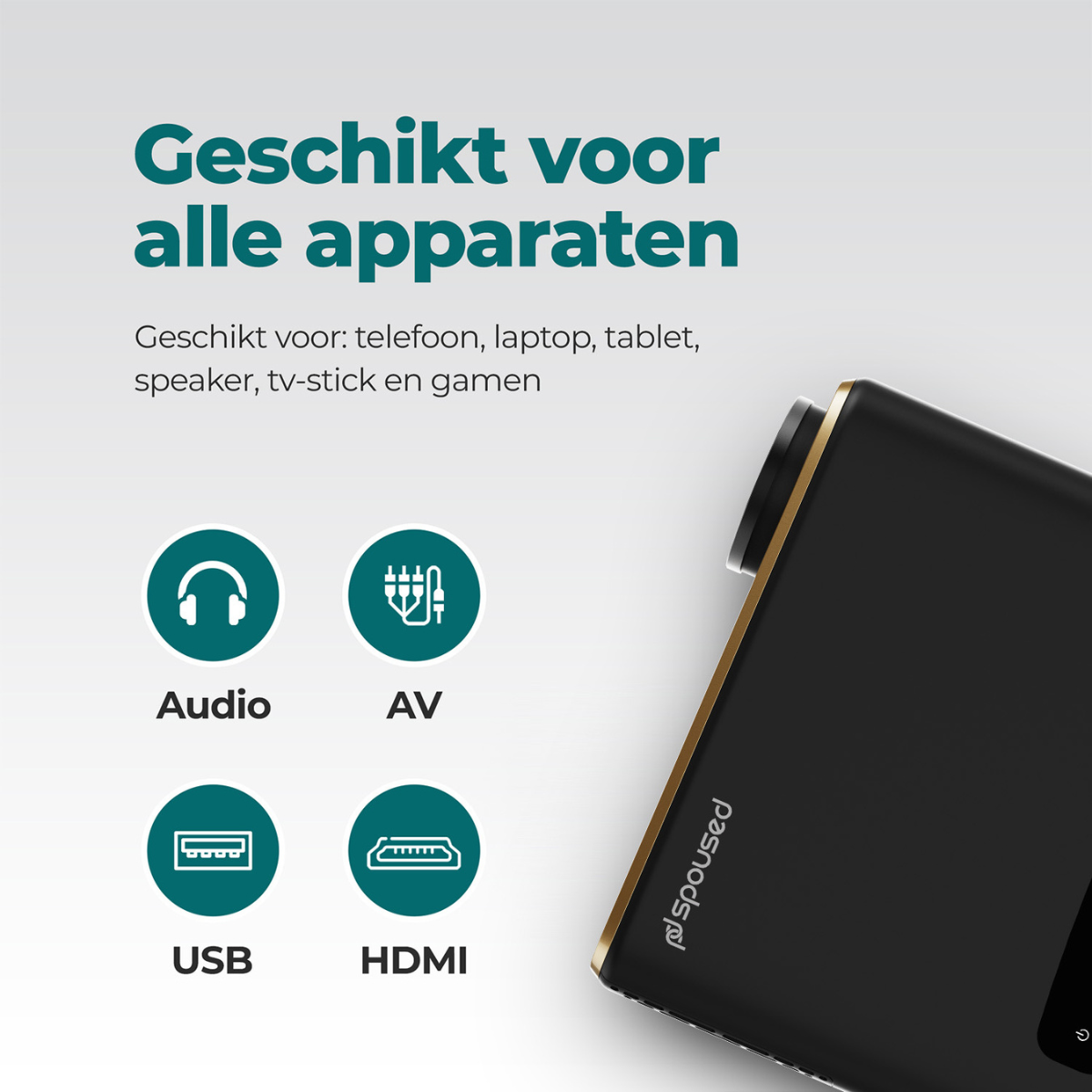 A black device with icons for audio, AV, USB, and HDMI. It also has a gold-colored edge.