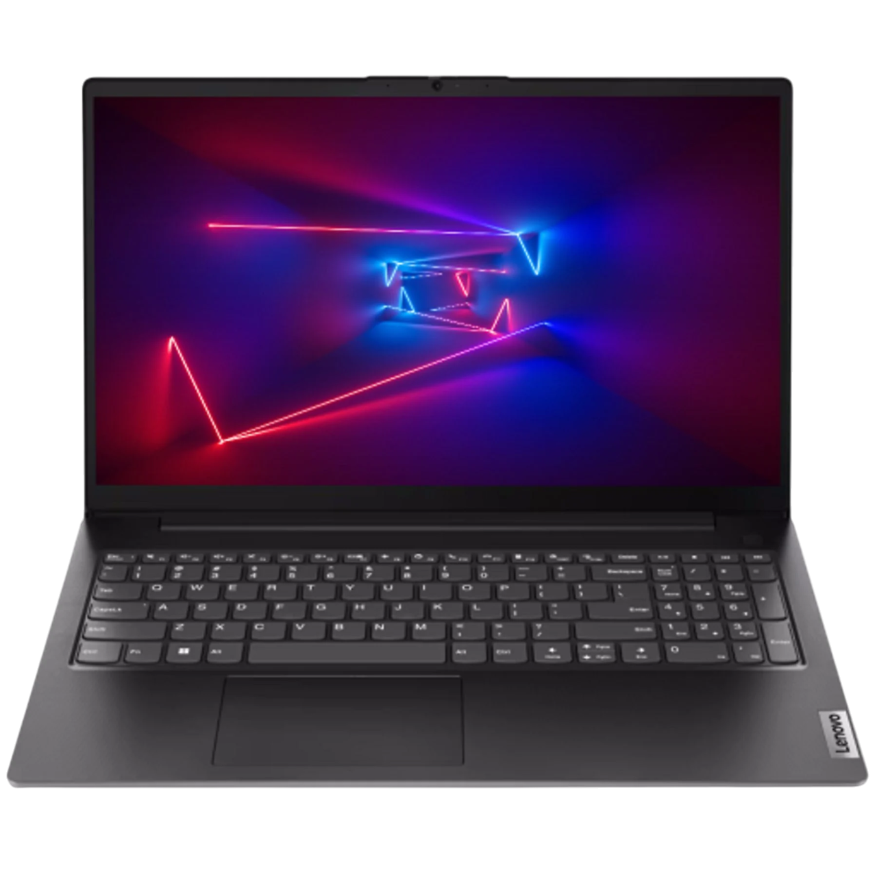 Schwarzer Lenovo Laptop. Bildschirm zeigt blaue und rote Neonlinien auf dunklem Hintergrund.