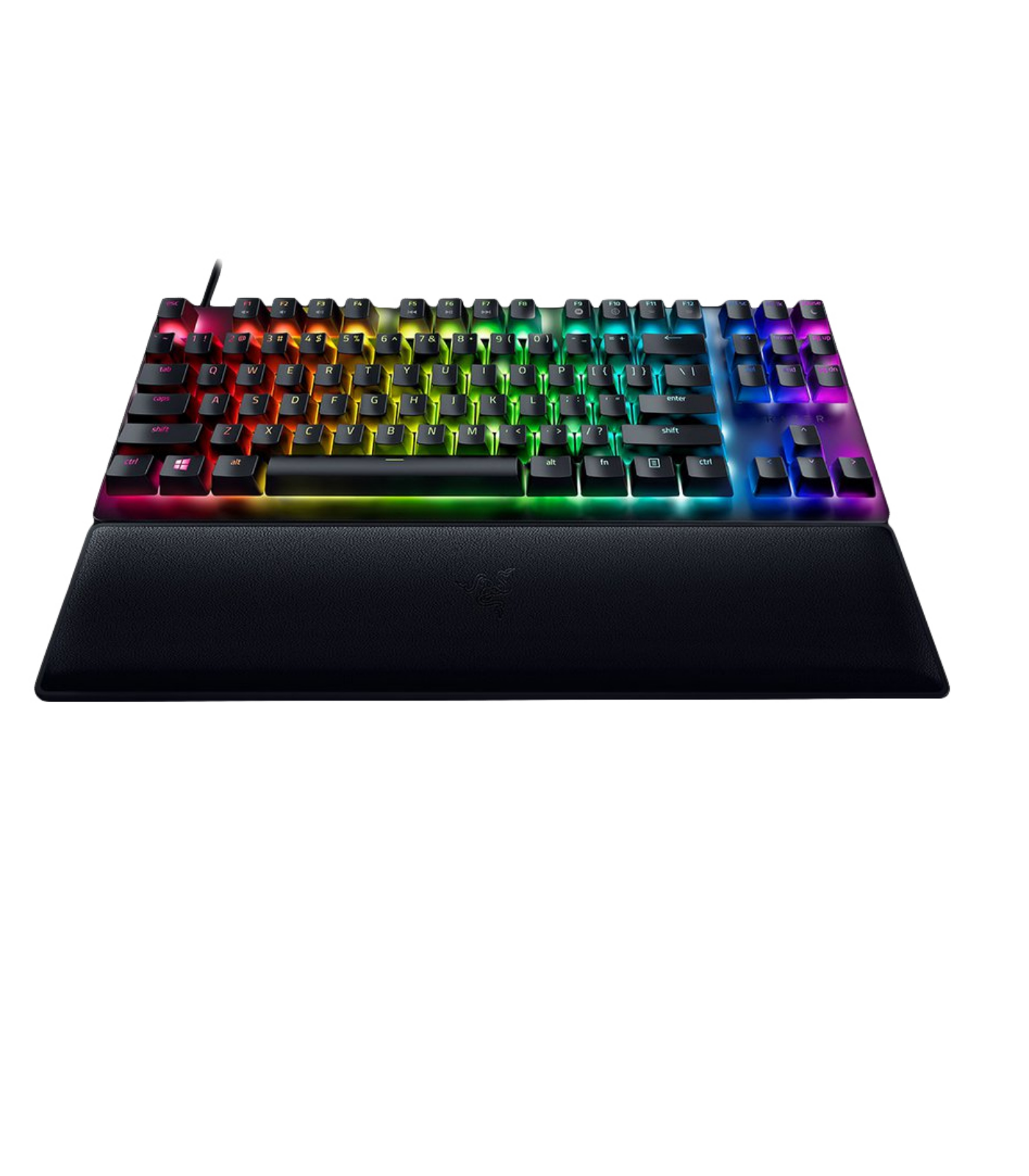 Una tastiera RGB colorata con poggiapolsi nero. I tasti sono illuminati con vari colori.