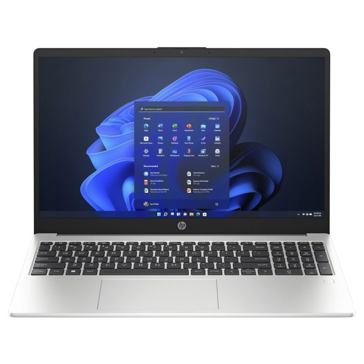 Un laptop con scocca argentata, interfaccia Windows 11 visibile. Lo schermo mostra icone di app.