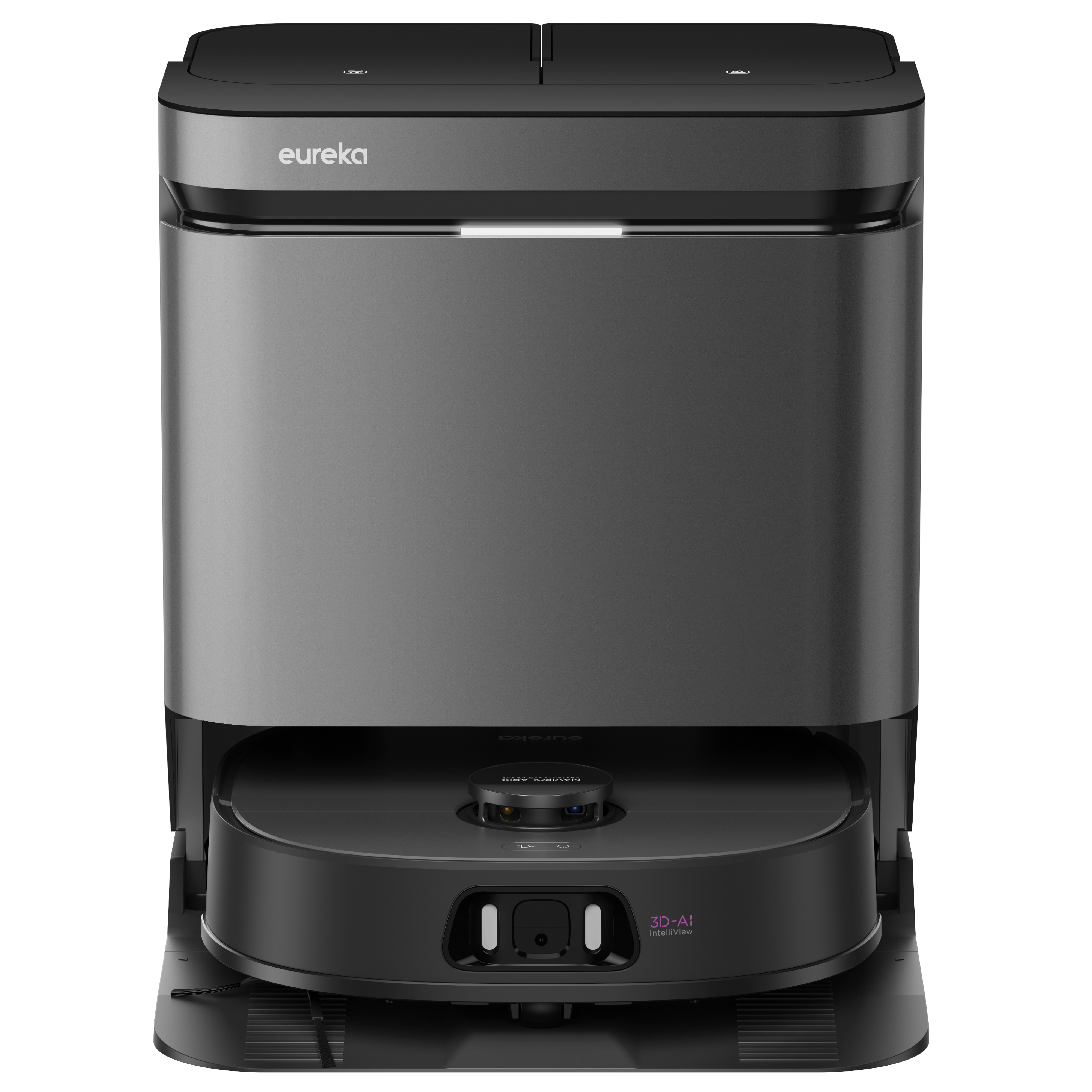 Aspirateur robot Eureka noir et gris, avec compartiment supérieur et base de nettoyage ronde.