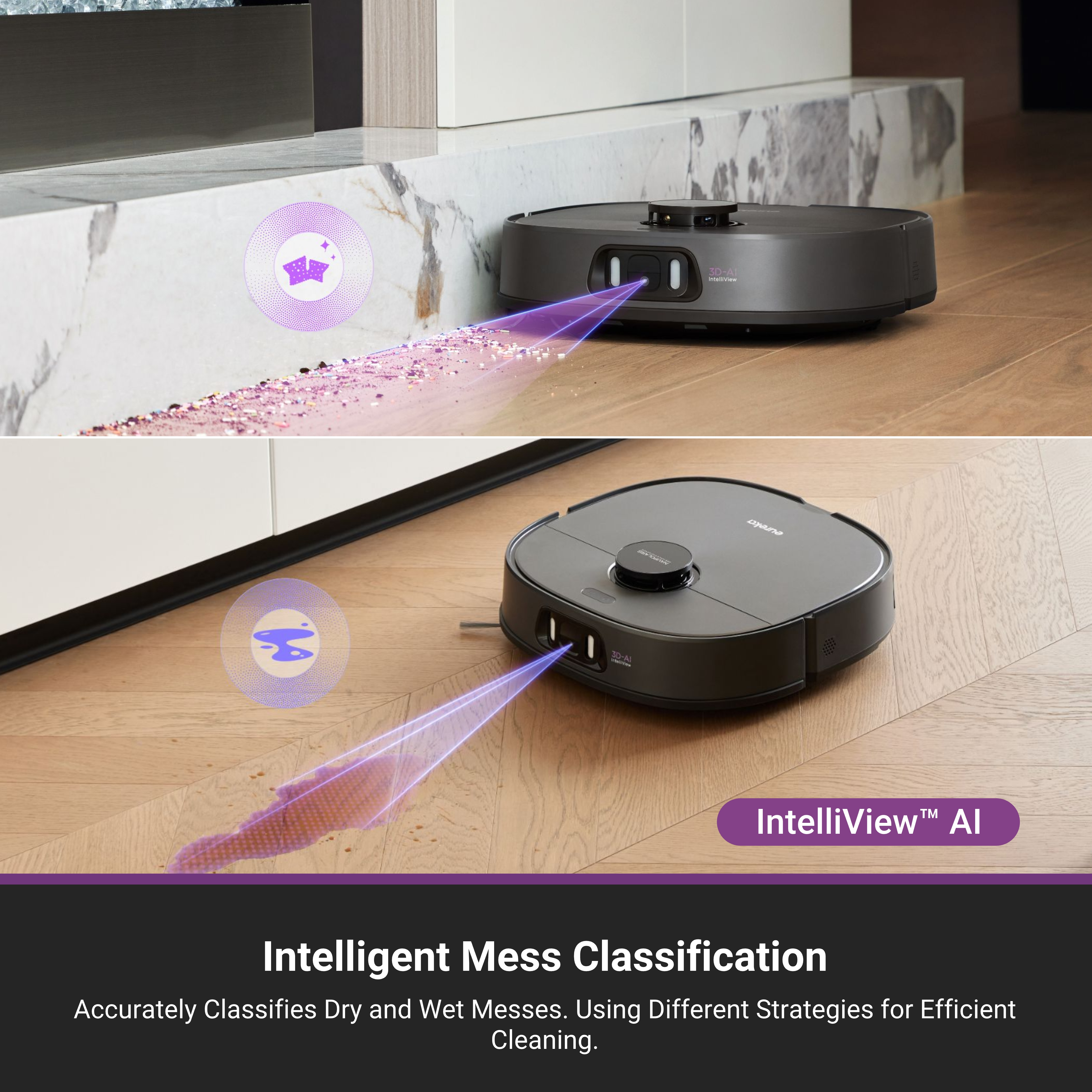 Aspirateur robot sur un sol, avec texte : "Classification intelligente des saletés".