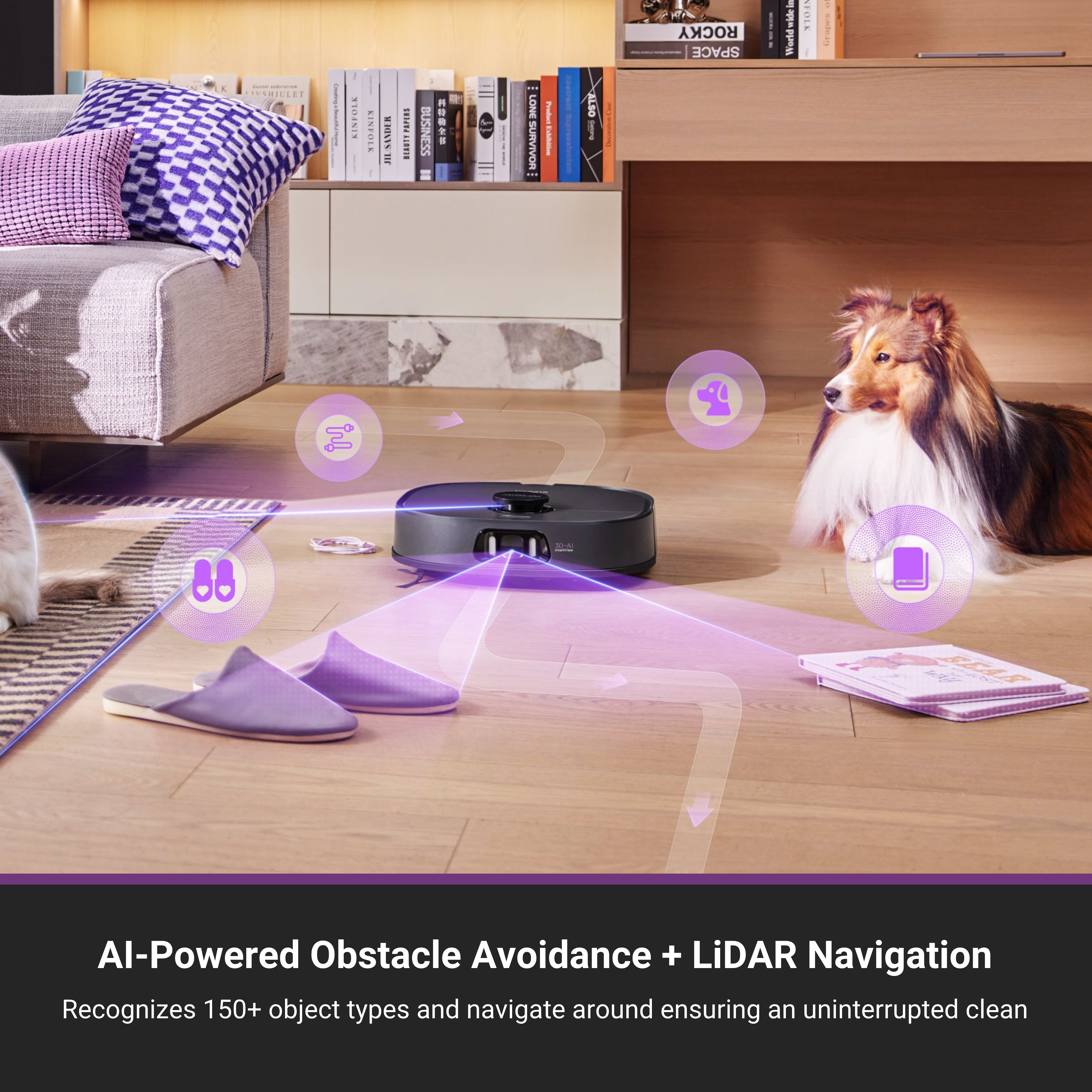 Robot aspirateur nettoyant une pièce. Un chien et des pantoufles sont présents.