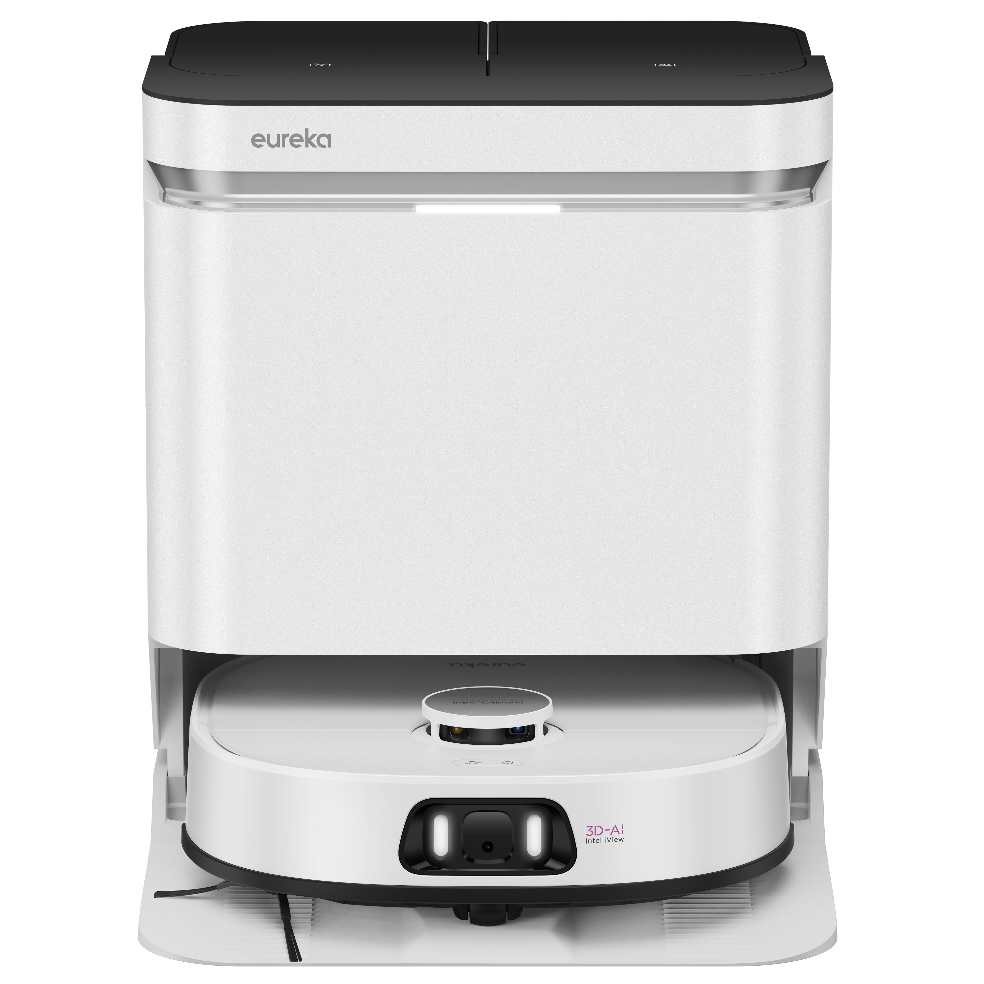 Un aspirateur robot blanc avec un dessus noir et une station de charge.