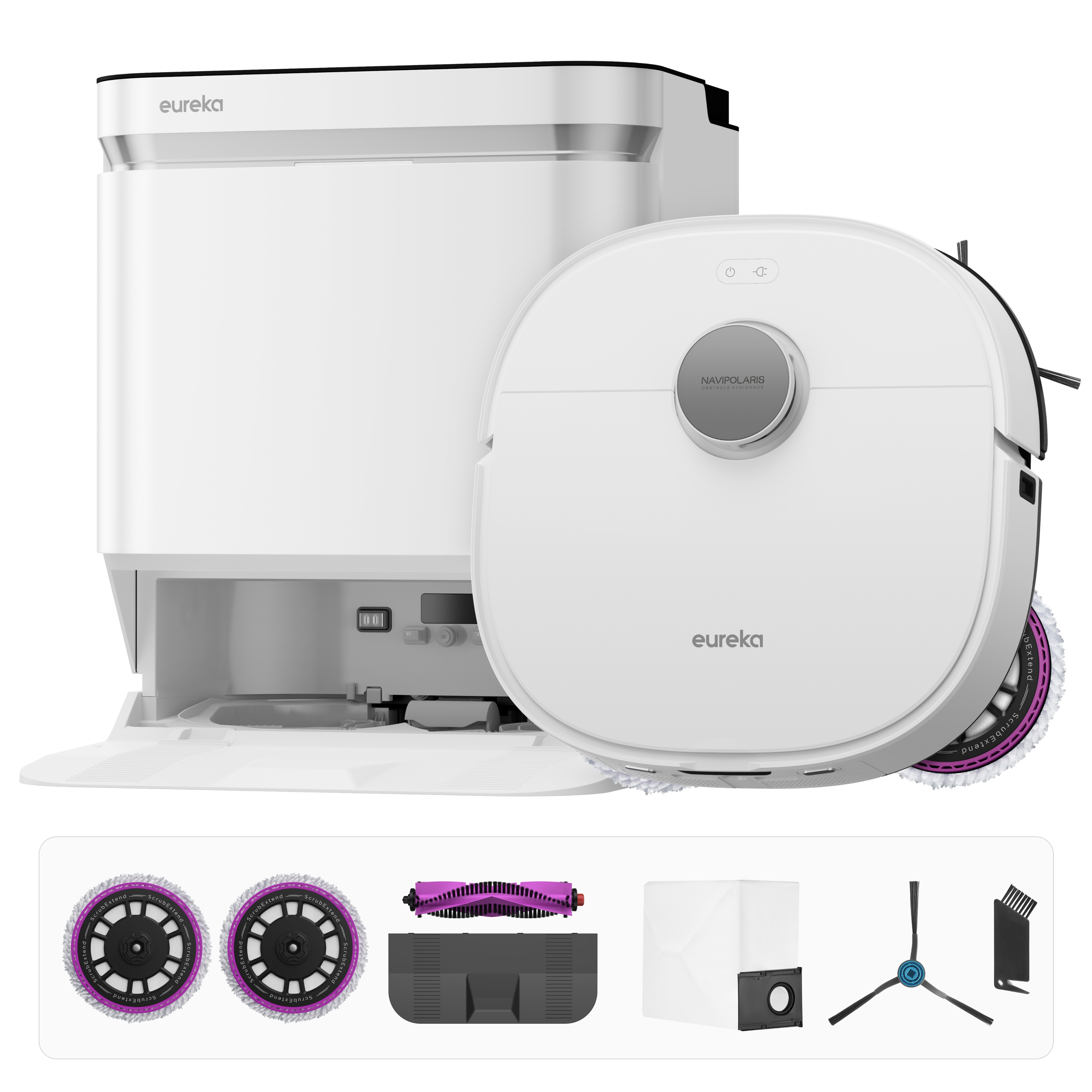 Aspirateur robot Eureka blanc et noir et ses accessoires. L'appareil est sur une surface blanche.