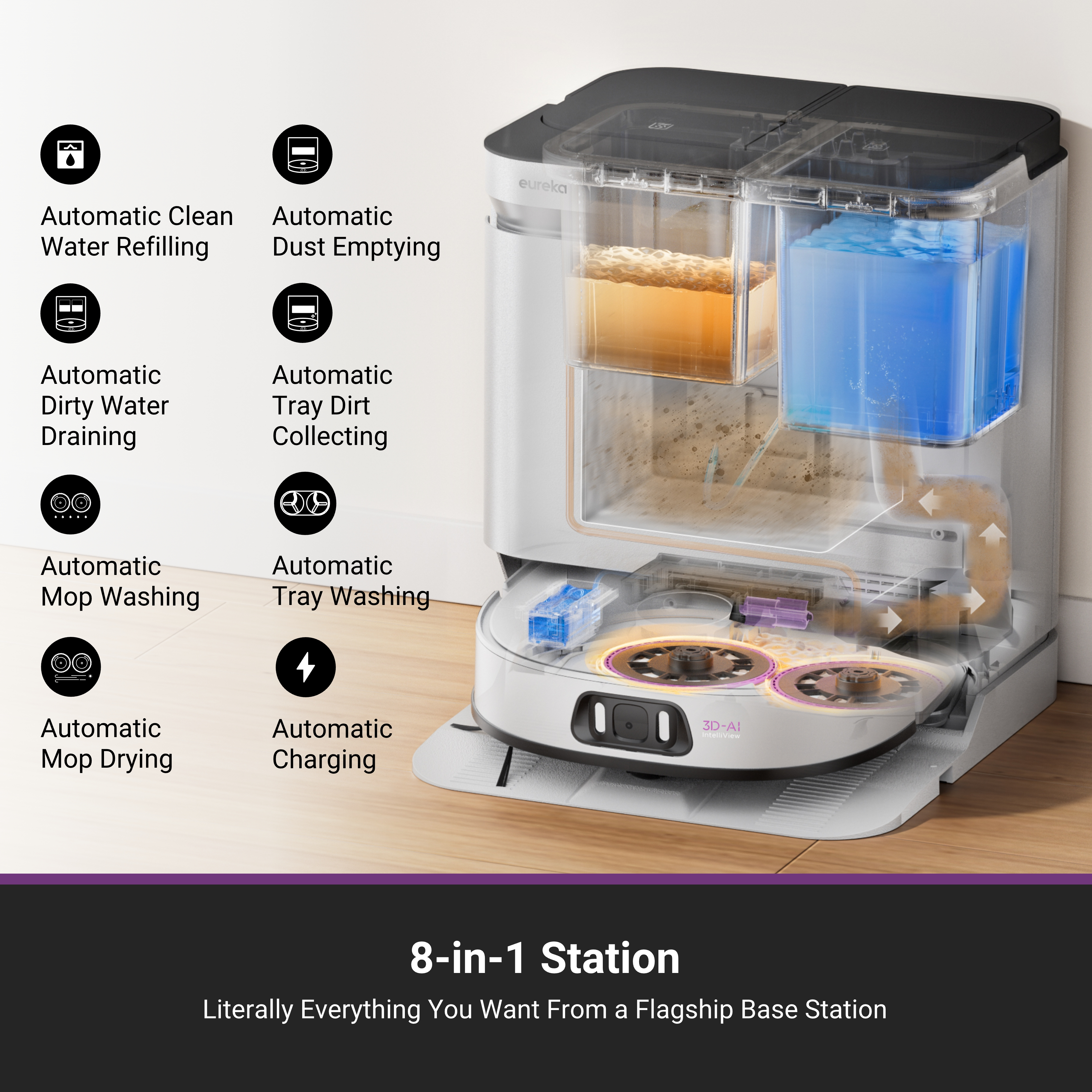 Aspirateur robot 8-en-1 blanc et noir avec un dessus transparent, montrant le fonctionnement interne.