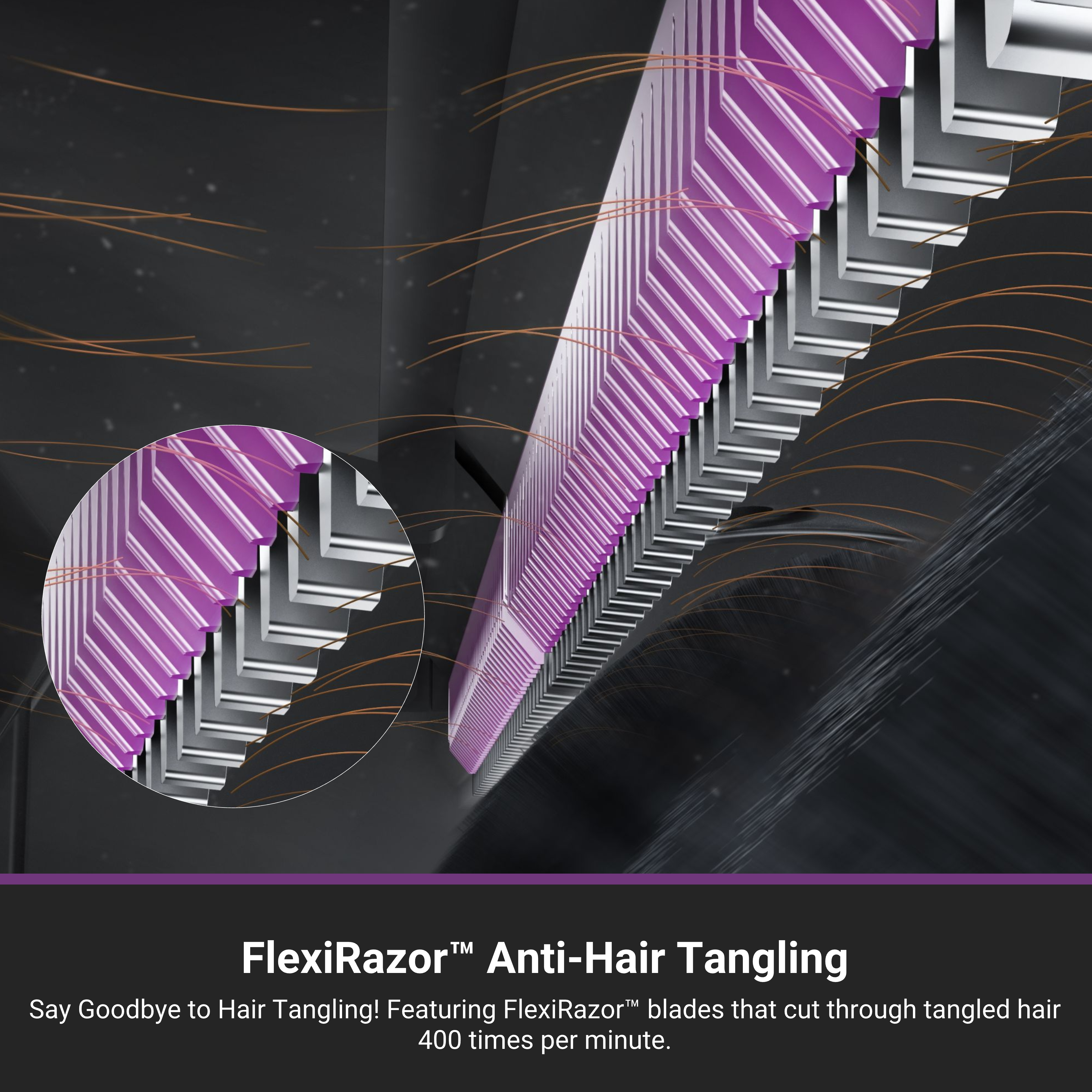 Gros plan sur une lame de rasoir avec des peignes violets. Texte : FlexiRazor Anti-emmêlement des cheveux.