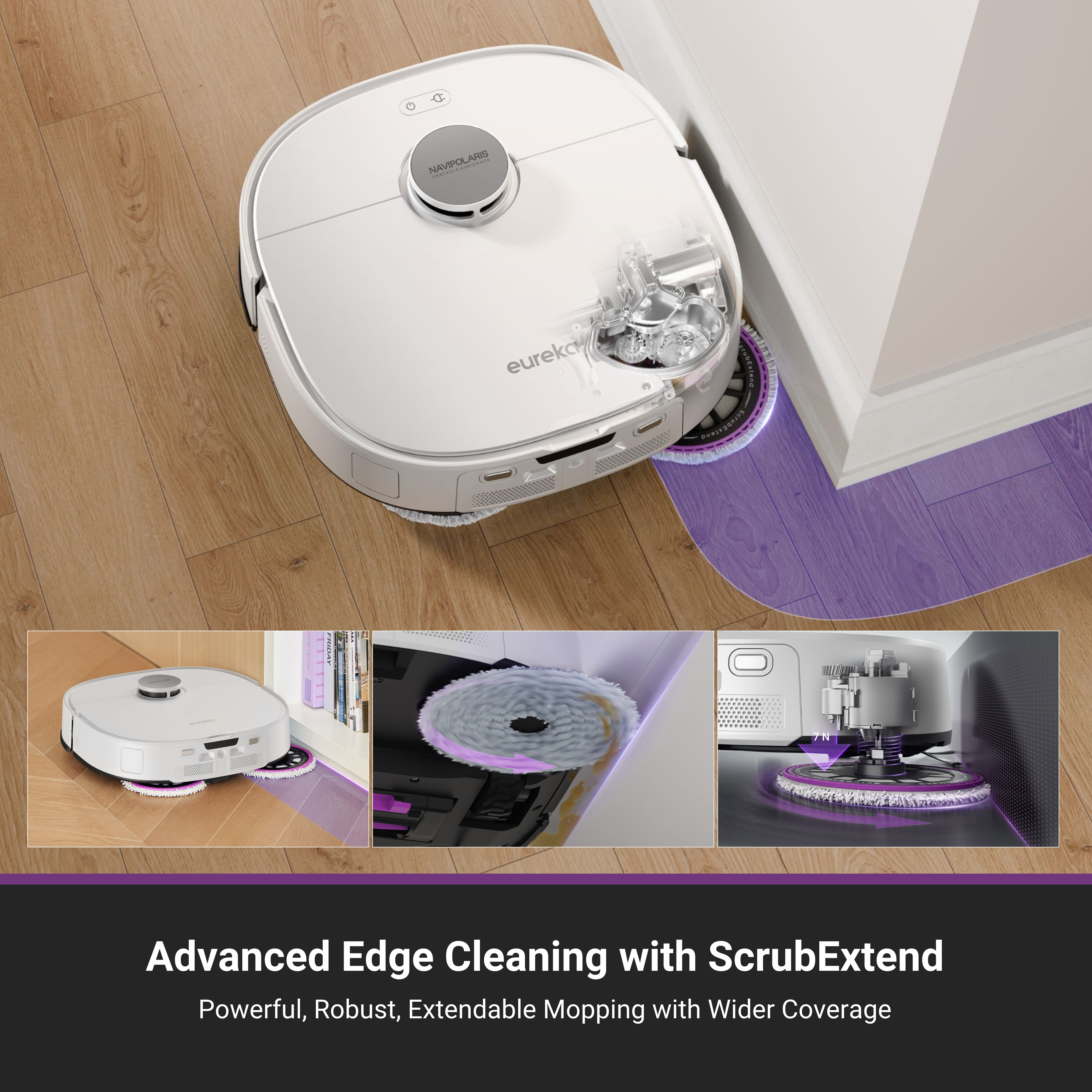 Un aspirateur robot blanc, avec plusieurs images montrant ses fonctions de nettoyage et le nettoyage des bords.