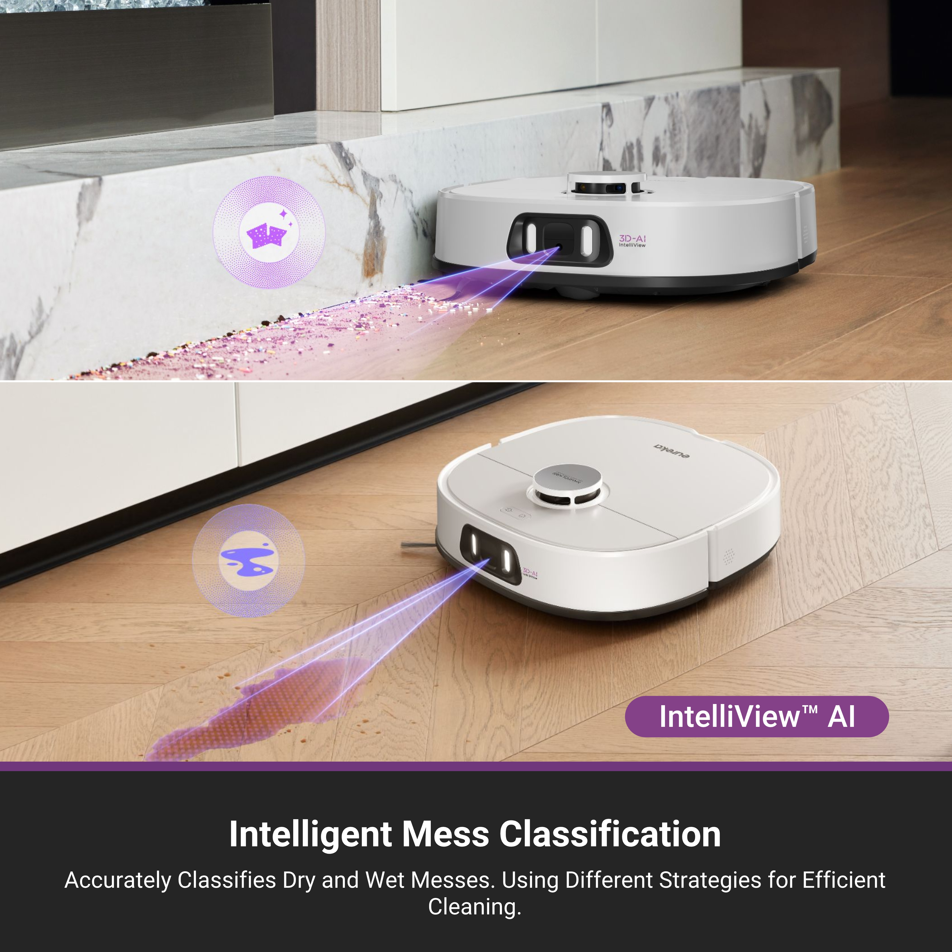 Robot aspirateur nettoyant le sol. Graphique montrant la reconnaissance des débris et les stratégies de nettoyage.