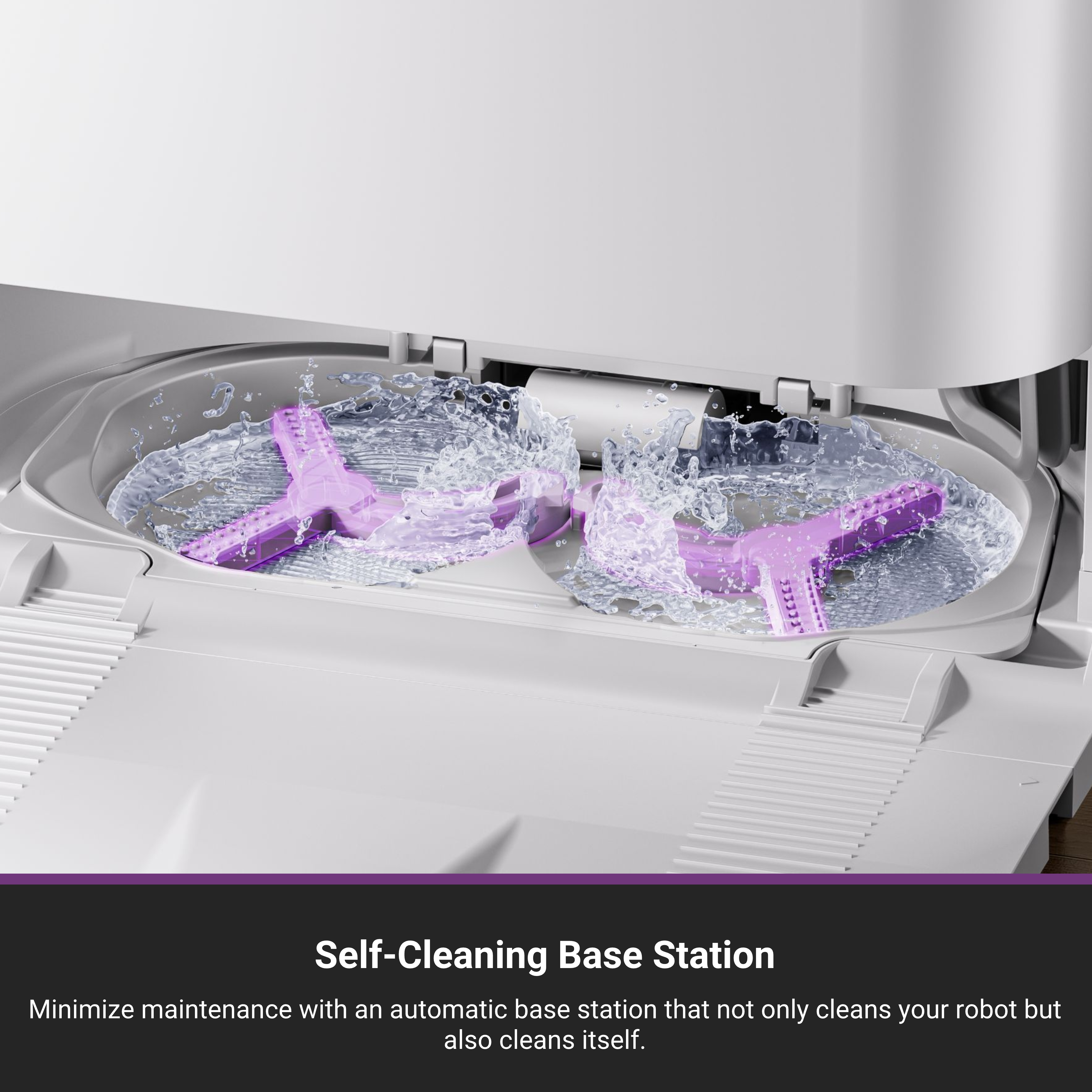 Purple cleaning tools in a water-filled basin, part of a self-cleaning base station for a robot vacuum.