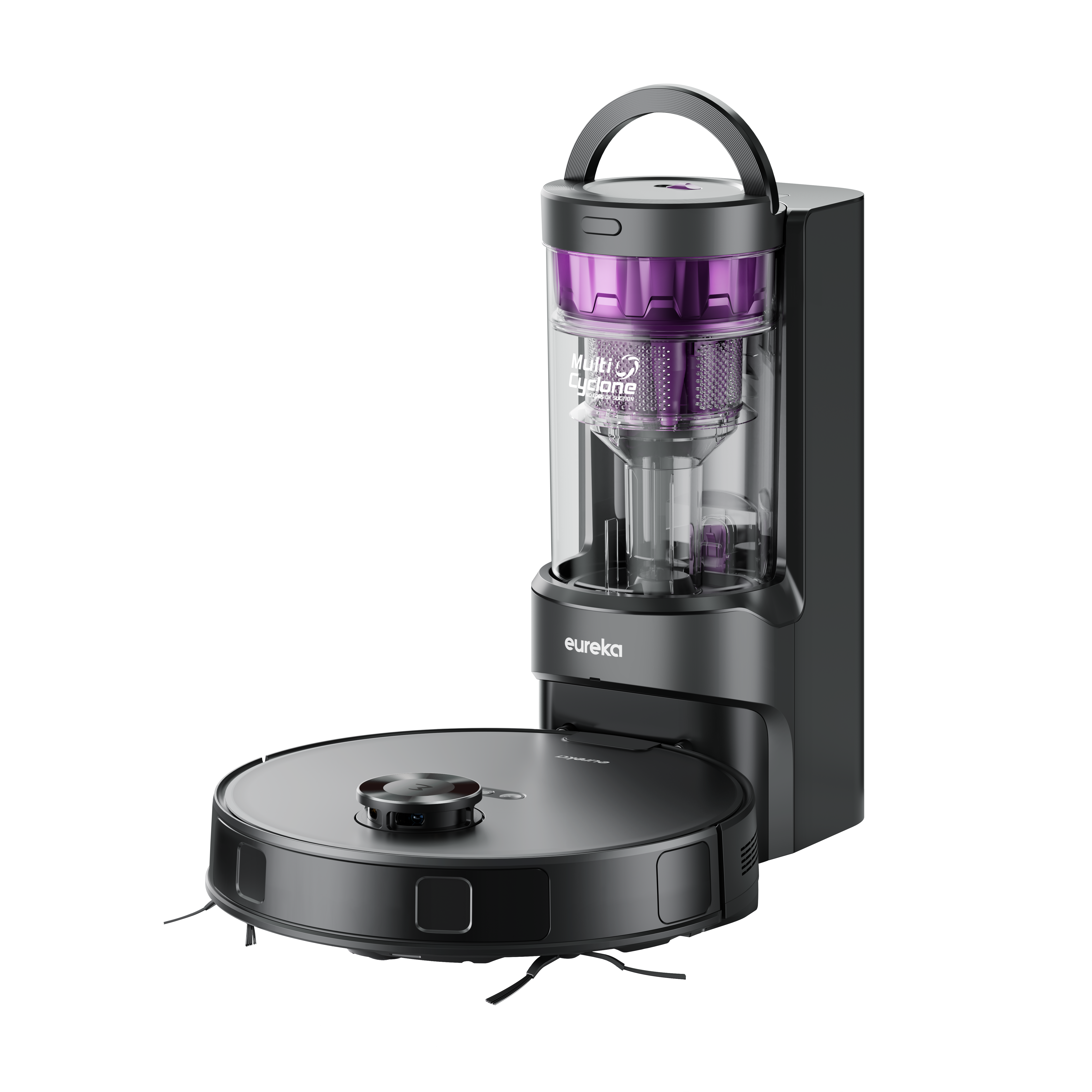 Czarny robot odkurzający z samooczyszczającą stacją. Odkurzacz i stacja stoją.