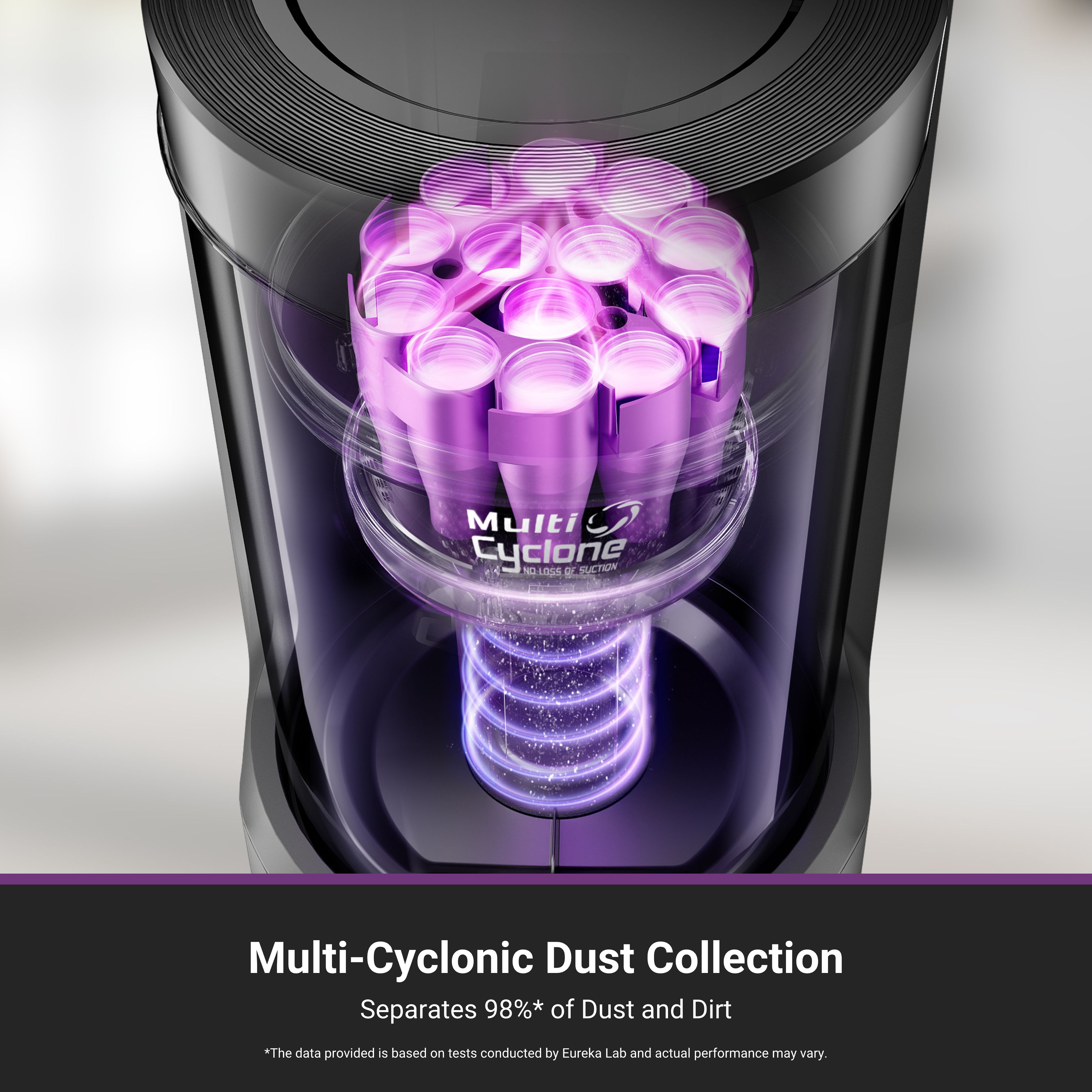 Zbliżenie odkurzacza z fioletowymi światłami i przezroczystą komorą na kurz.
