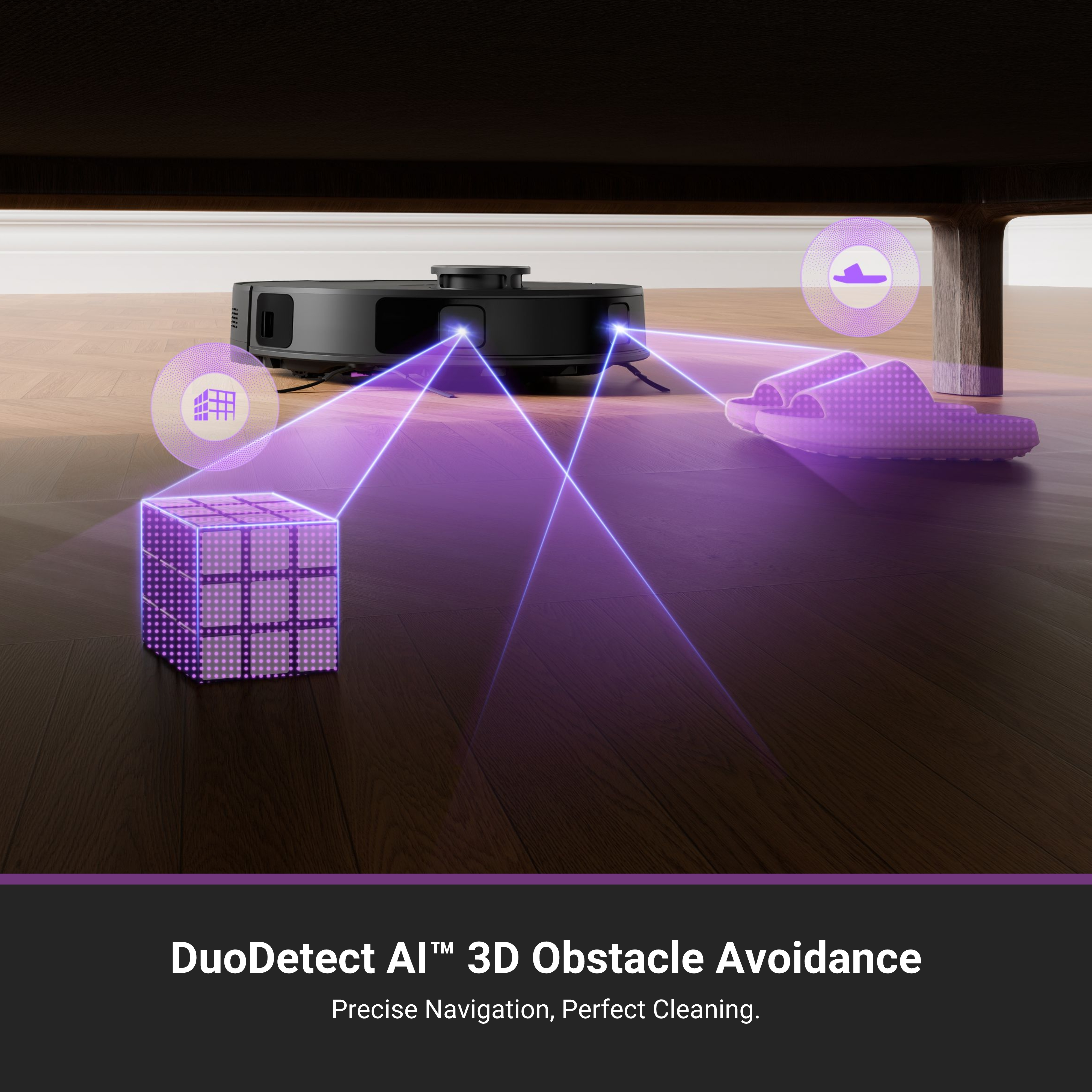 Robot odkurzacz unikający przeszkód, takich jak kostka i kapcie.