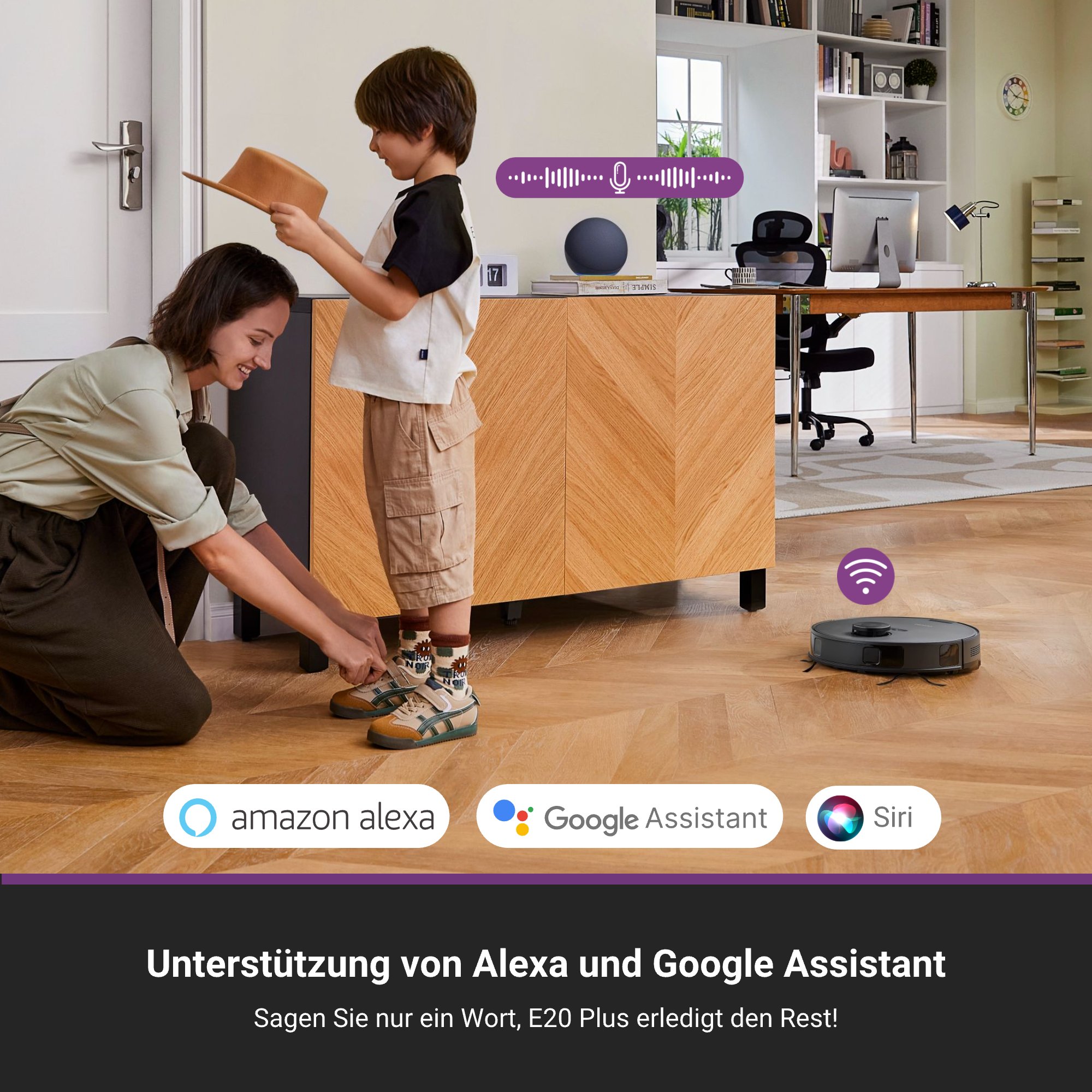 Woman and boy interact with a robot vacuum cleaner, with Alexa, Google, and Siri logos.