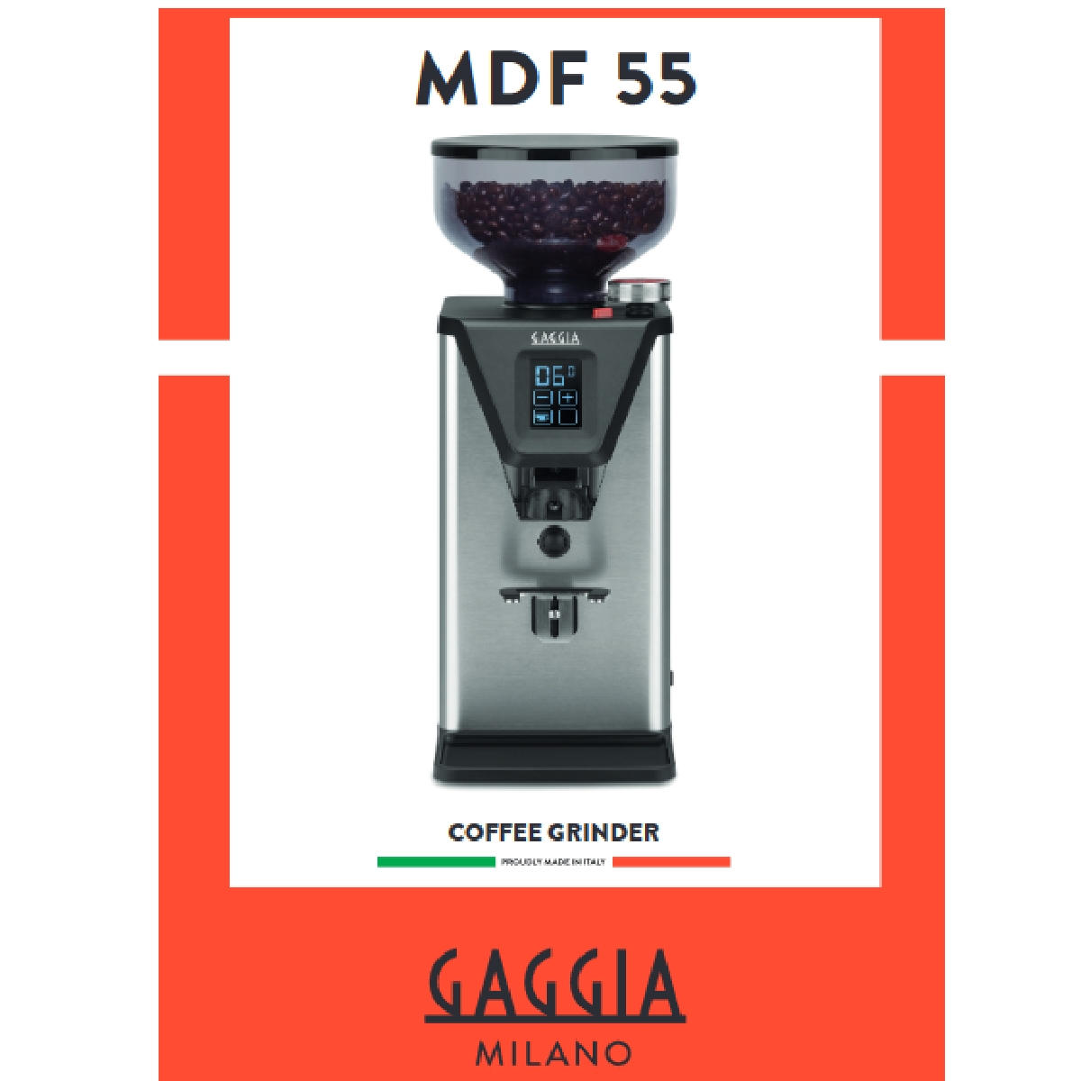 Kaffeemühle vor orange-weißem Hintergrund. Die Mühle hat einen Trichter und ein digitales Display.