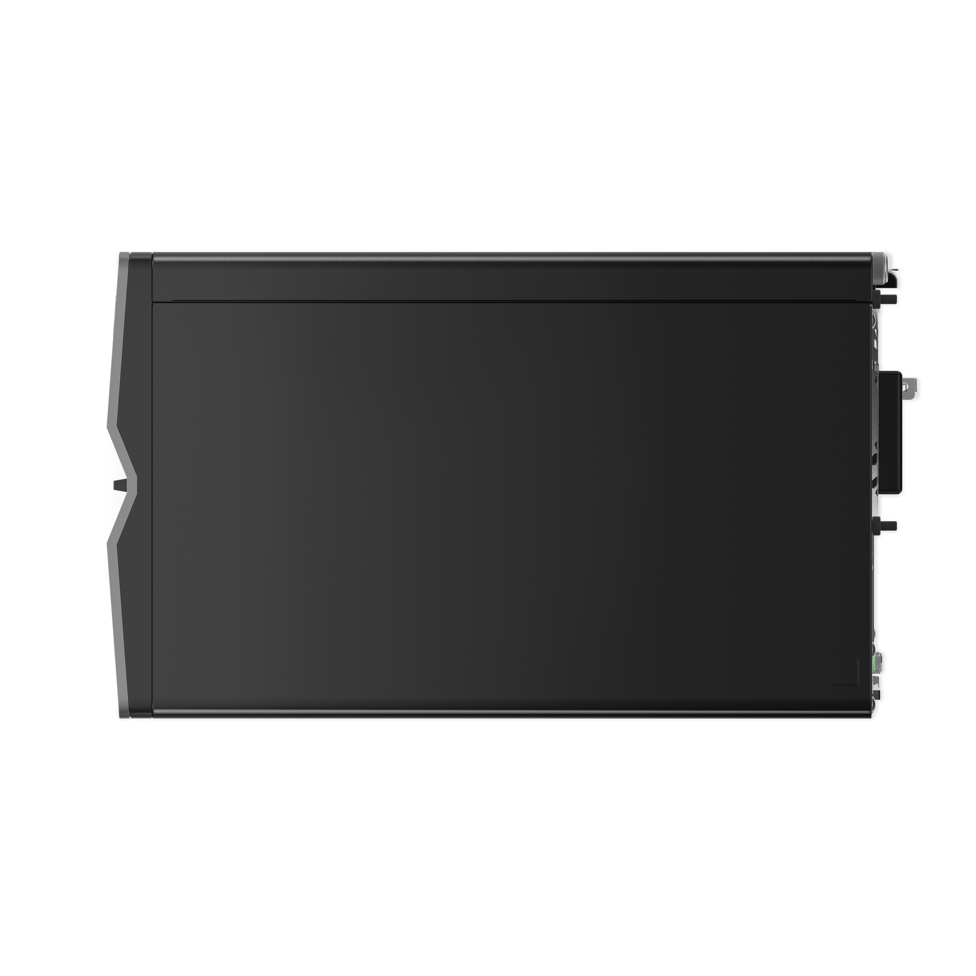 Czarny prostokątny pojemnik, prawdopodobnie element komputera, z matowym wykończeniem, widok z boku. Szare wykończenie.