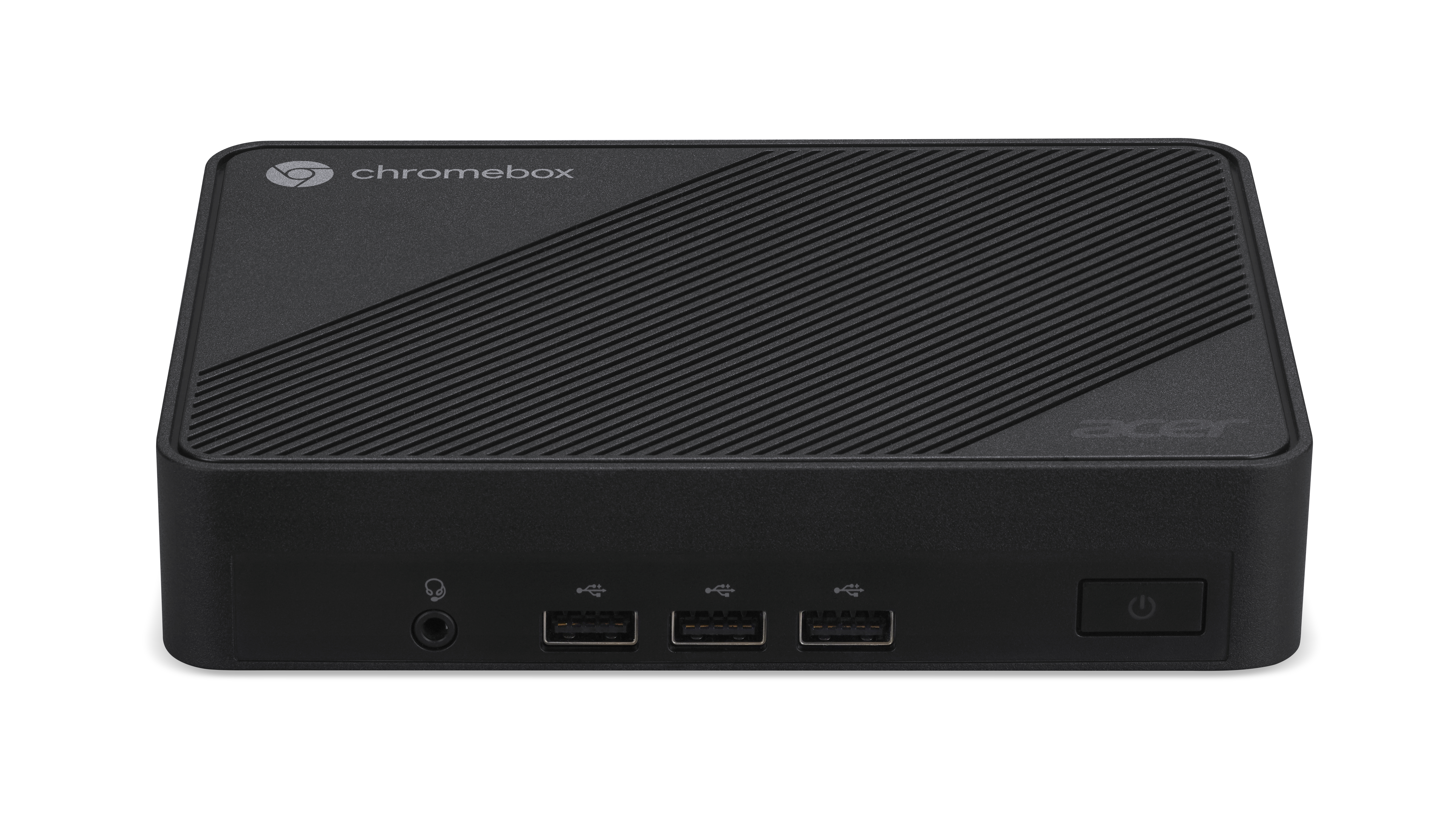 Czarny komputer Acer Chromebox. Posiada wiele portów USB, gniazdo słuchawkowe i przycisk zasilania z przodu.