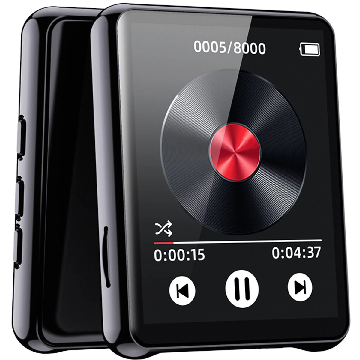 Schwarzer MP3-Player mit Bildschirm, der ein Vinyl-Schallplatten-Design und Steuertasten zeigt.