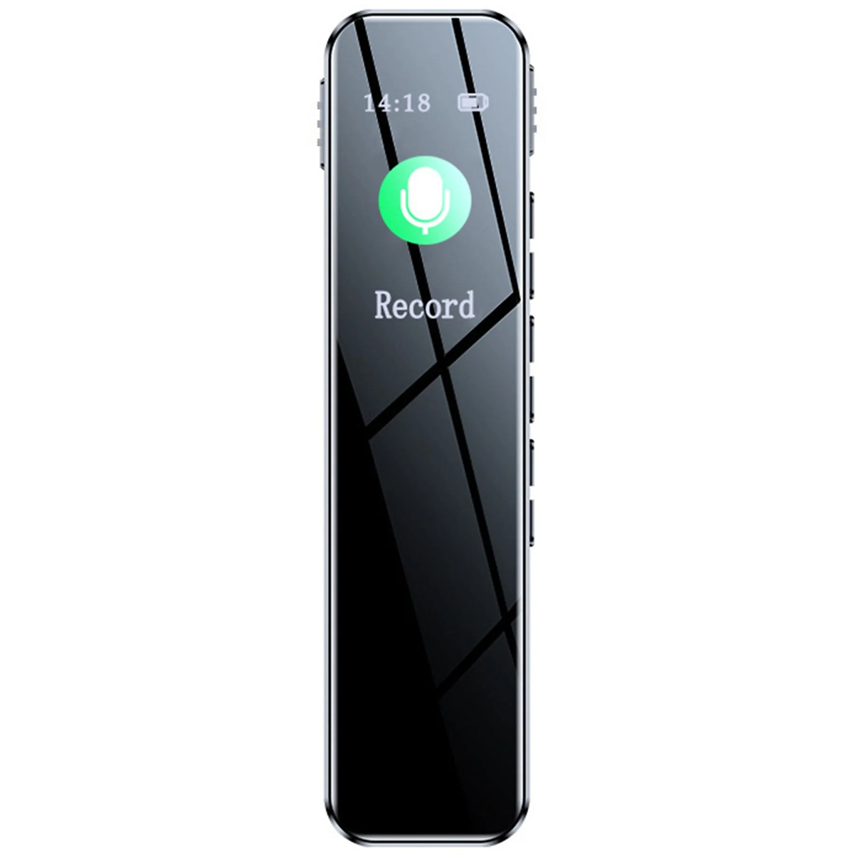 Ein glänzender, schwarzer Diktiergerät mit Mikrofon-Symbol und Text 'Record'.