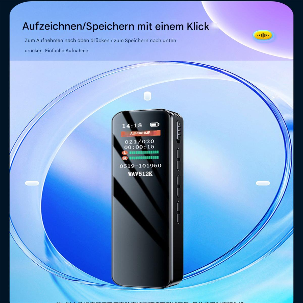 Schwarzes digitales Aufnahmegerät mit Informationen auf dem Bildschirm. Blau-weißer Hintergrund.