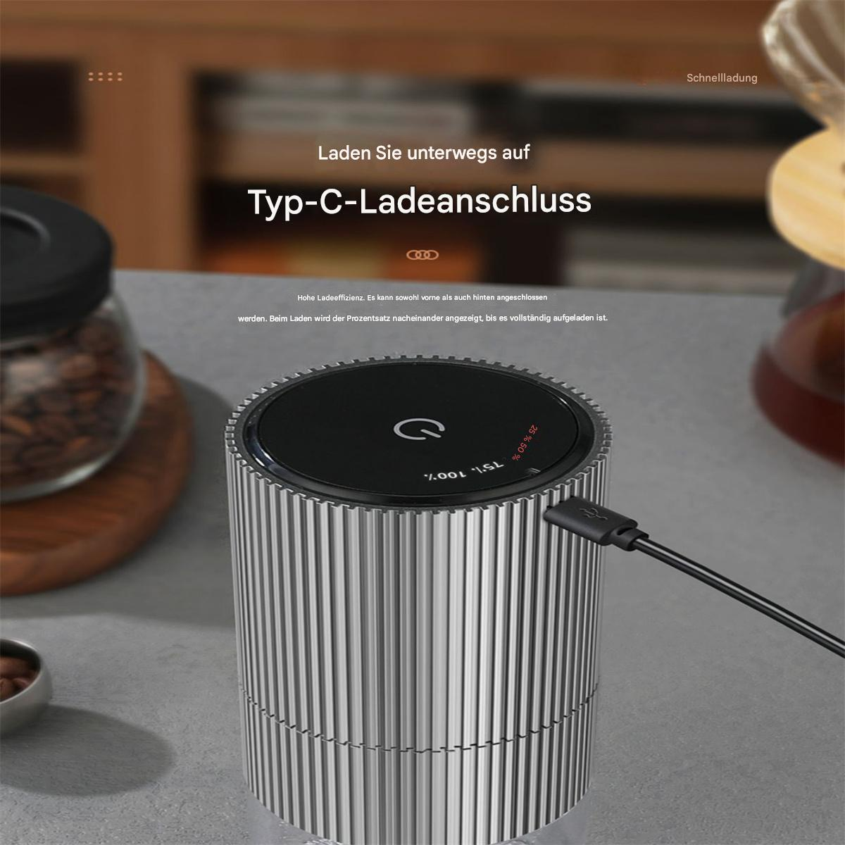 Silbernes und schwarzes Ladegerät mit Typ-C-Anschluss und Fortschrittsanzeige.