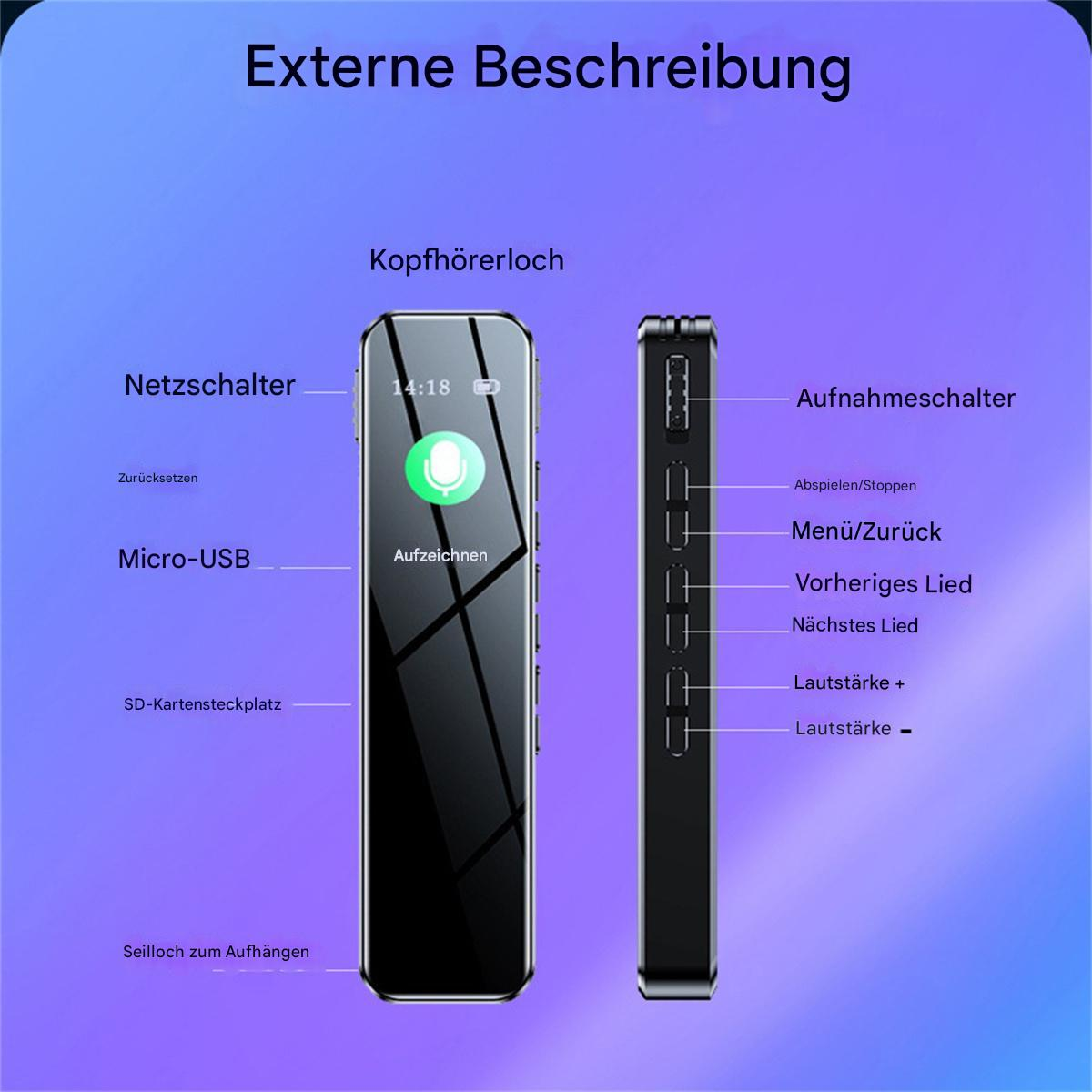 Schwarzes Aufnahmegerät mit Bildschirm und Knöpfen. Text auf Deutsch. Zeigt Funktionen und Beschriftungen.
