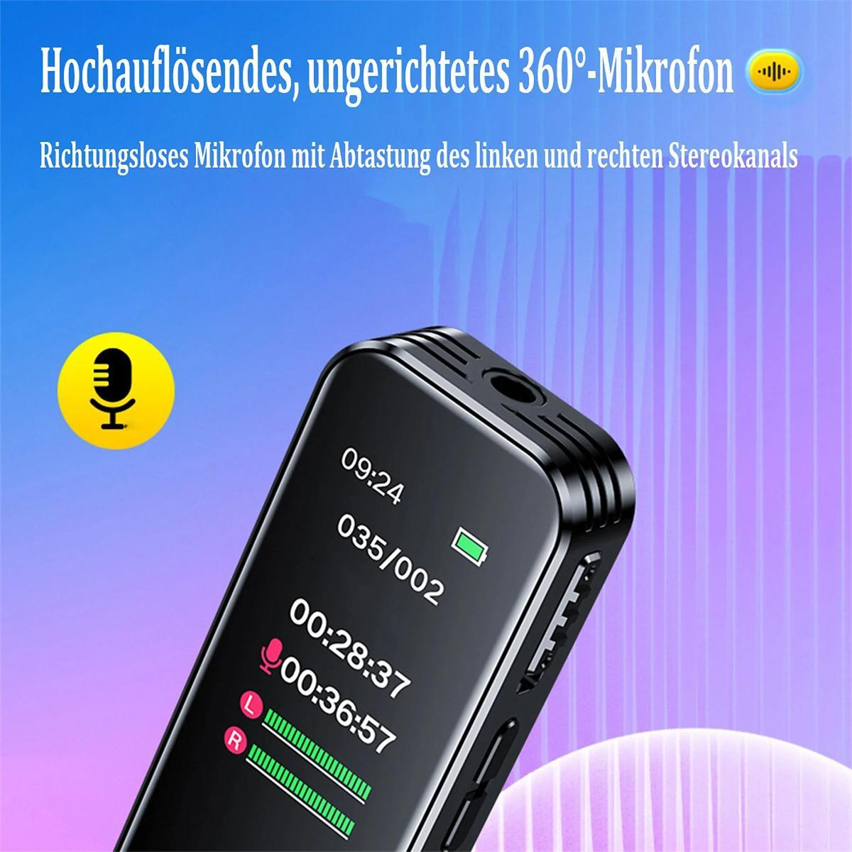 Schwarzes digitales Aufnahmegerät mit einer Anzeige, die die Zeit anzeigt. Es gibt Text und ein Mikrofonsymbol.