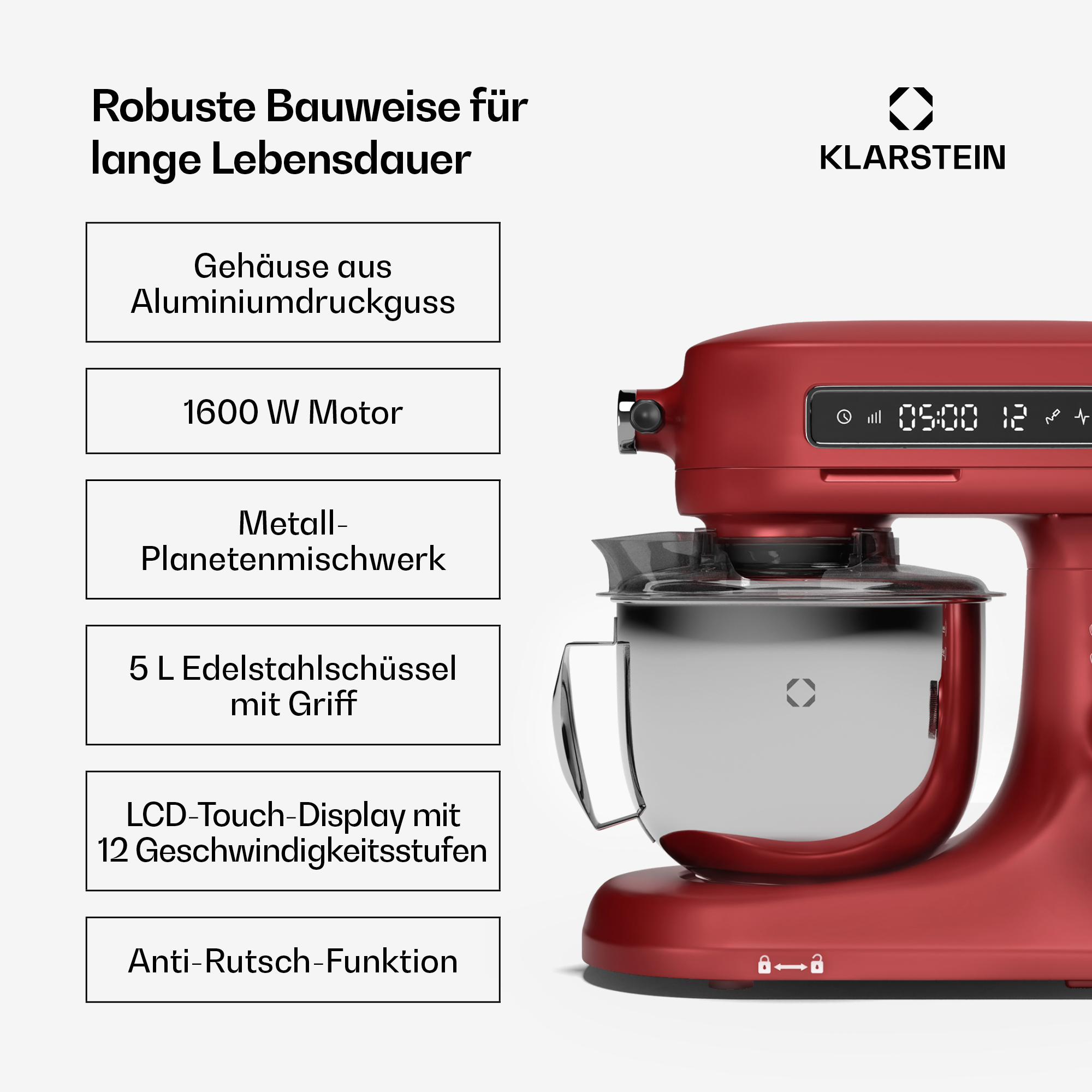 Roter Küchenmixer mit Text. Der Mixer hat eine Schüssel und ein Display. Text beschreibt Aluminium-Druckgussgehäuse und Motor.