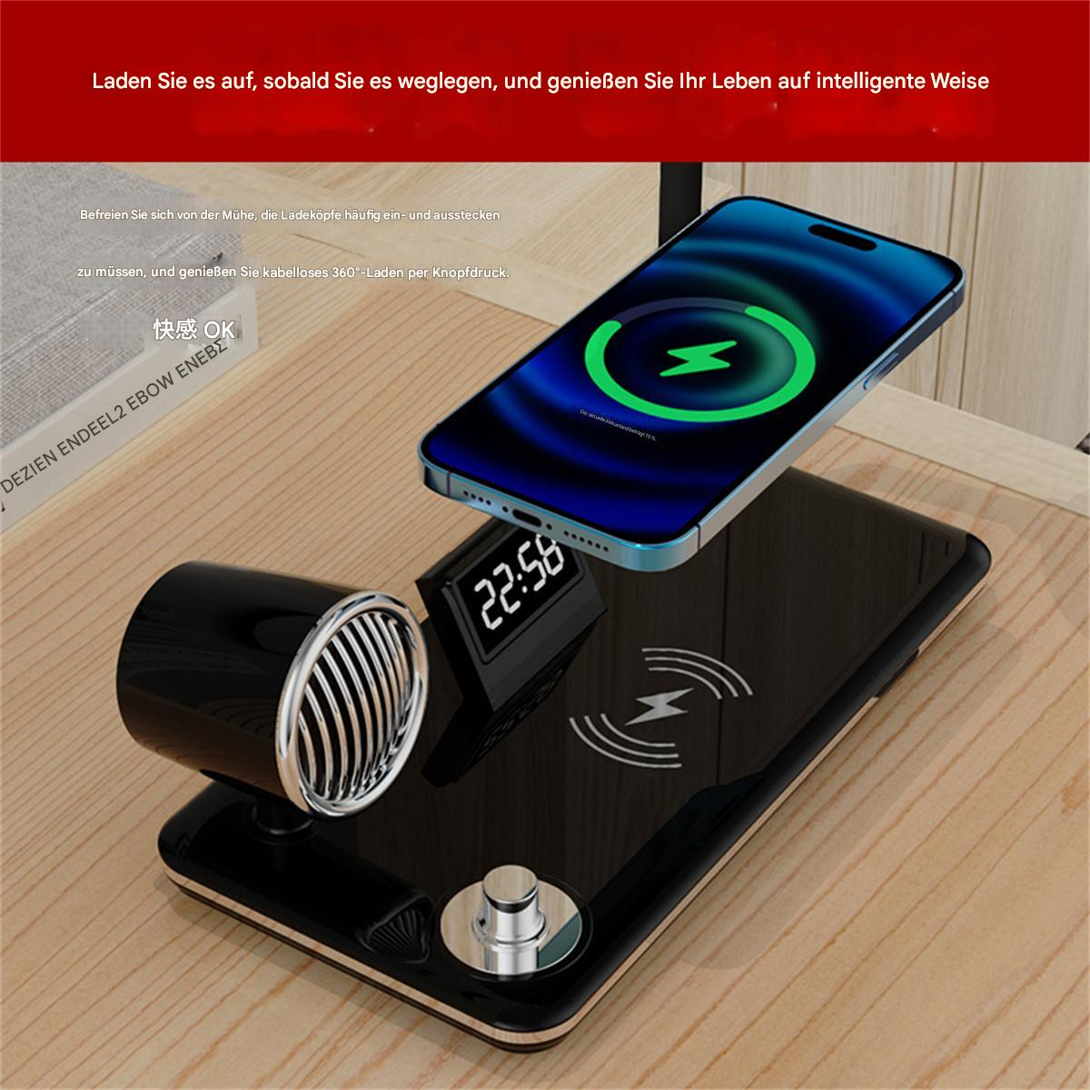 Ein Telefon, das auf einem schwarzen kabellosen Ladegerät geladen wird, mit einer Uhr und anderem Zubehör.