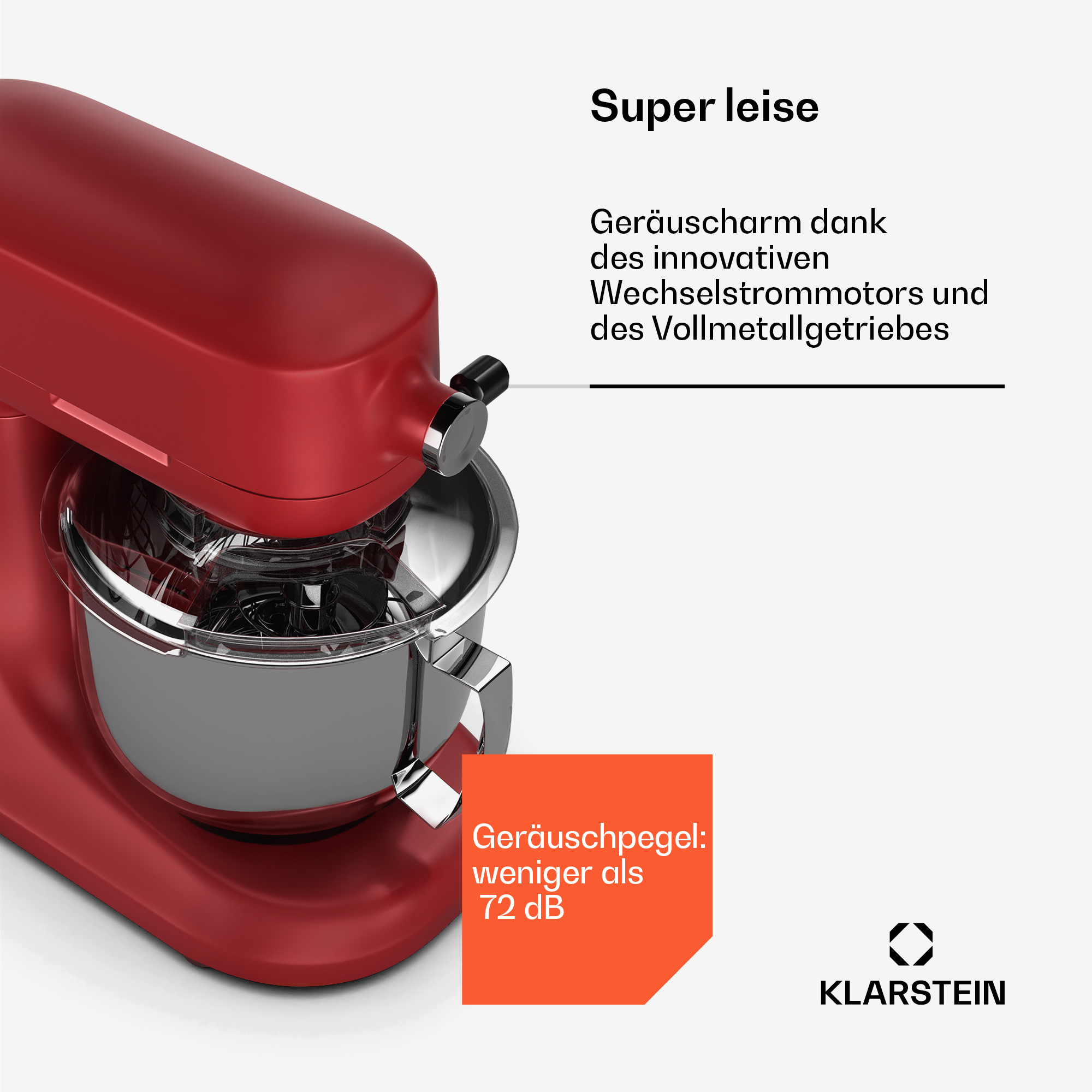 Roter Küchenmixer mit Text. Er hat eine Edelstahl-Schüssel und ein Ziffernblatt.