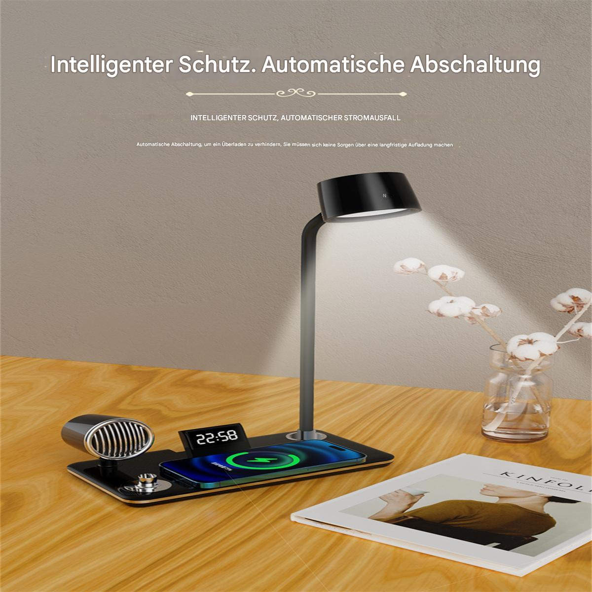 Eine Schreibtischlampe mit kabellosen Ladefunktionen. Auf der Basis wird ein Telefon geladen. Bücher sind sichtbar.