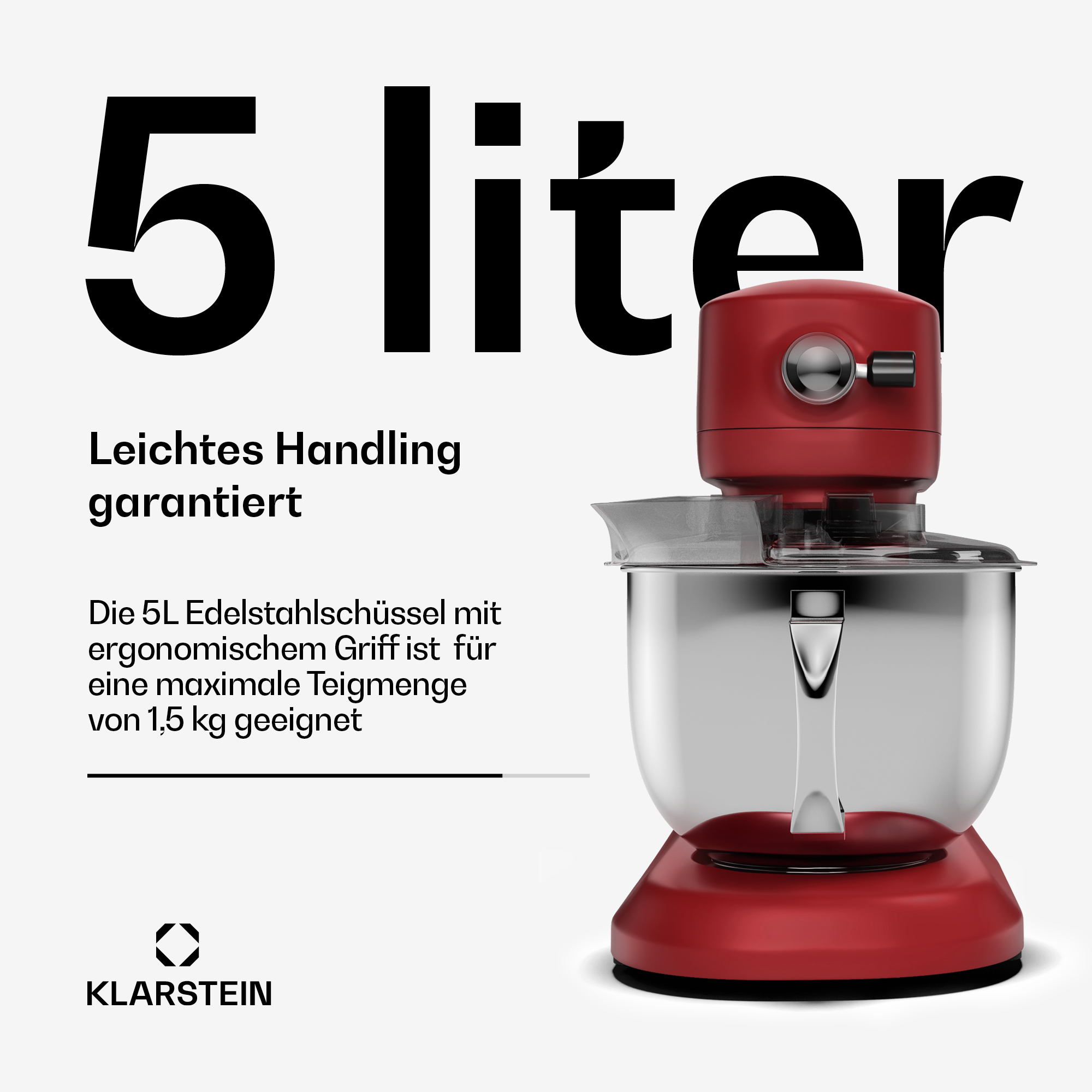 Roter und silberner Standmixer mit 5L Fassungsvermögen, Text lautet, Leichtes Handling garantiert. Marke Klarstein.