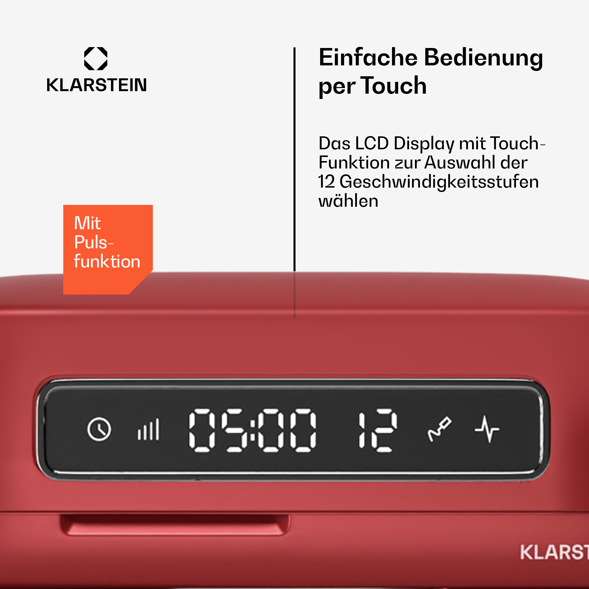 Rotes Gerät mit LCD-Anzeige, die Zeit und Temperatur anzeigt. Text auf Deutsch erklärt die Funktionen.