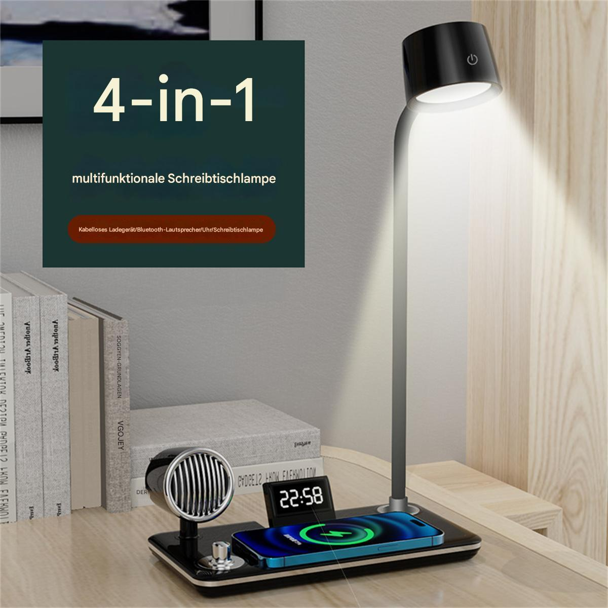4-in-1 Schreibtischlampe mit kabellosem Ladegerät, Lautsprecher und Uhr auf einem Holzschreibtisch.