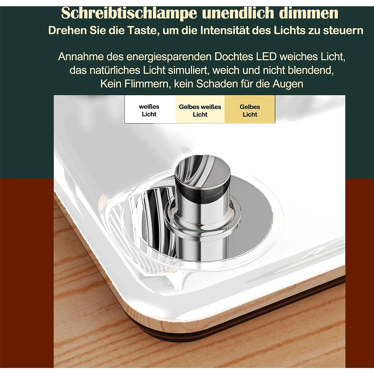 Eine Schreibtischlampe mit einem kreisförmigen Dimmer. Die Lampe hat einen Holzsockel. Das Licht ist gelb.
