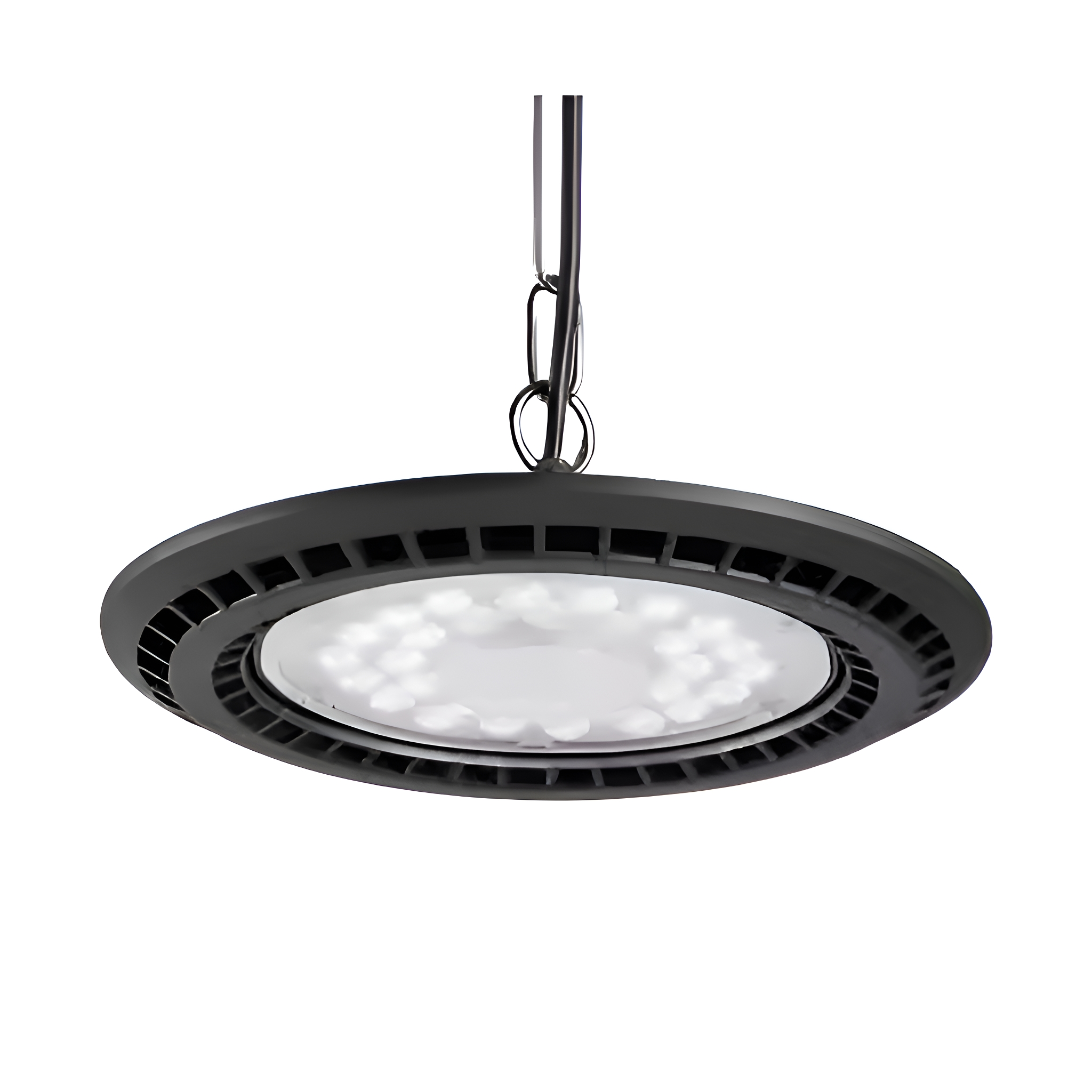 Runde schwarze LED-Deckenleuchte, die an einer Kette hängt.