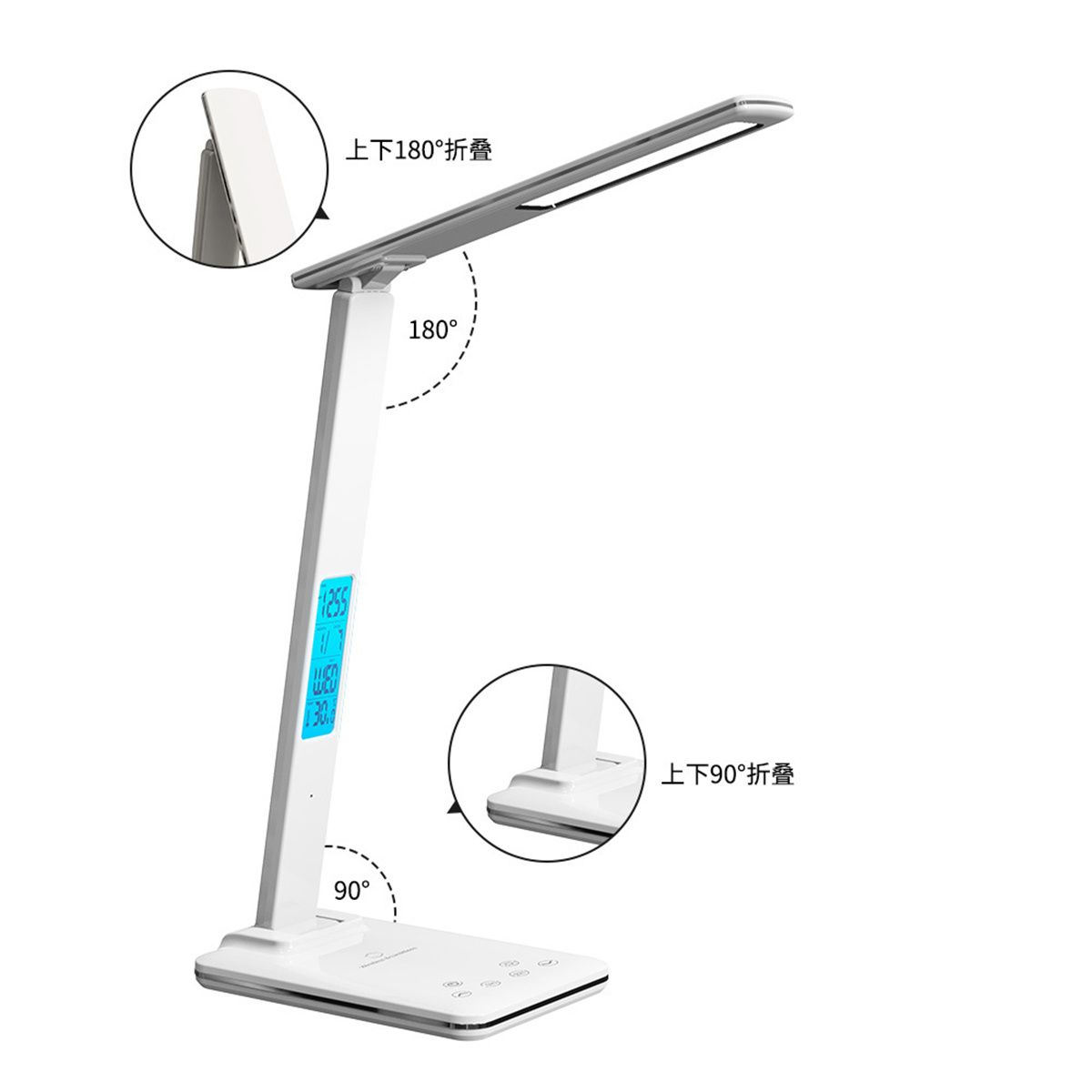 Weiße Schreibtischlampe mit Digitalanzeige, Winkeln und weißem Hintergrund.
