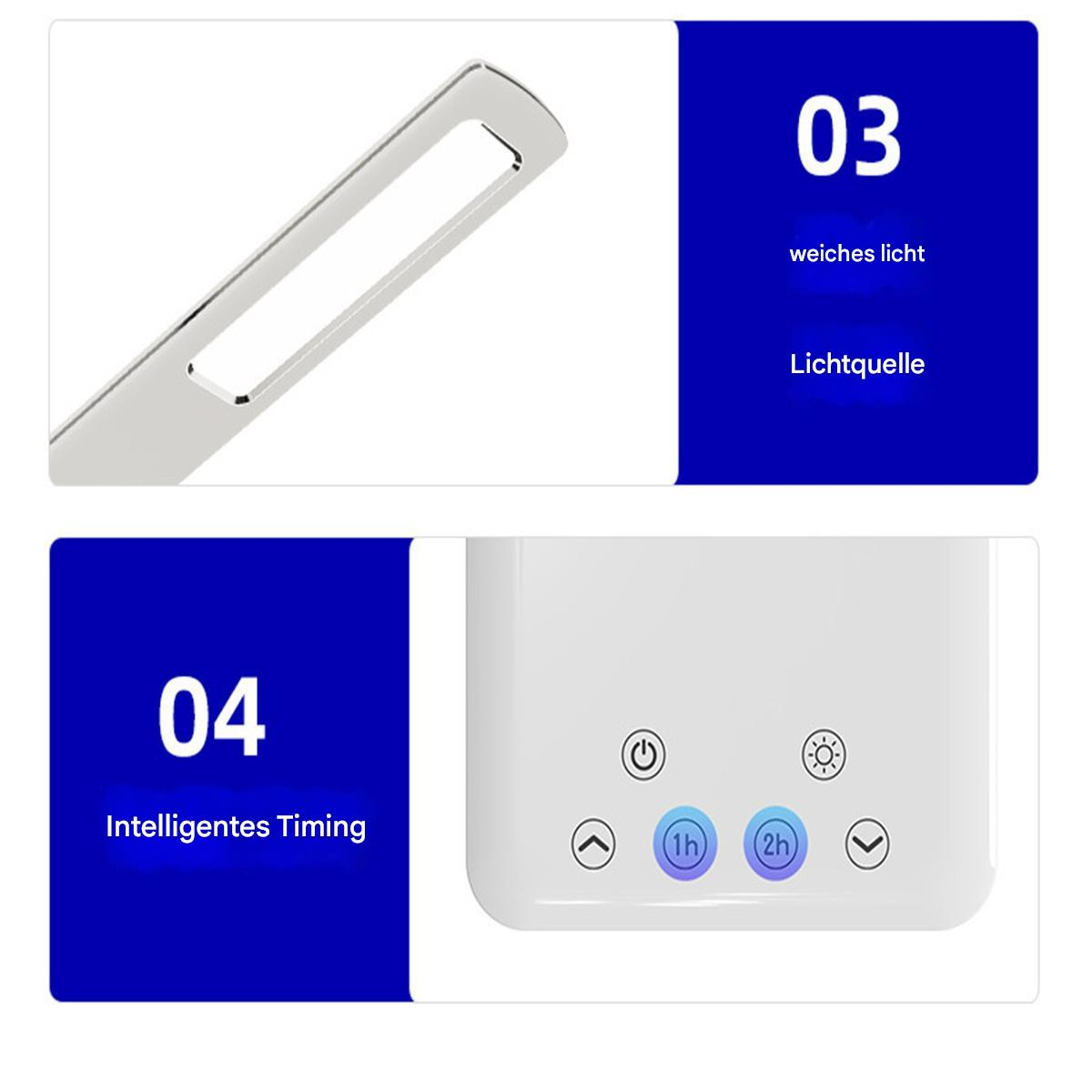 Zwei Bilder: Oben, eine silberne LED-Leuchte. Unten, ein weißes Gerät mit Knöpfen und Text.