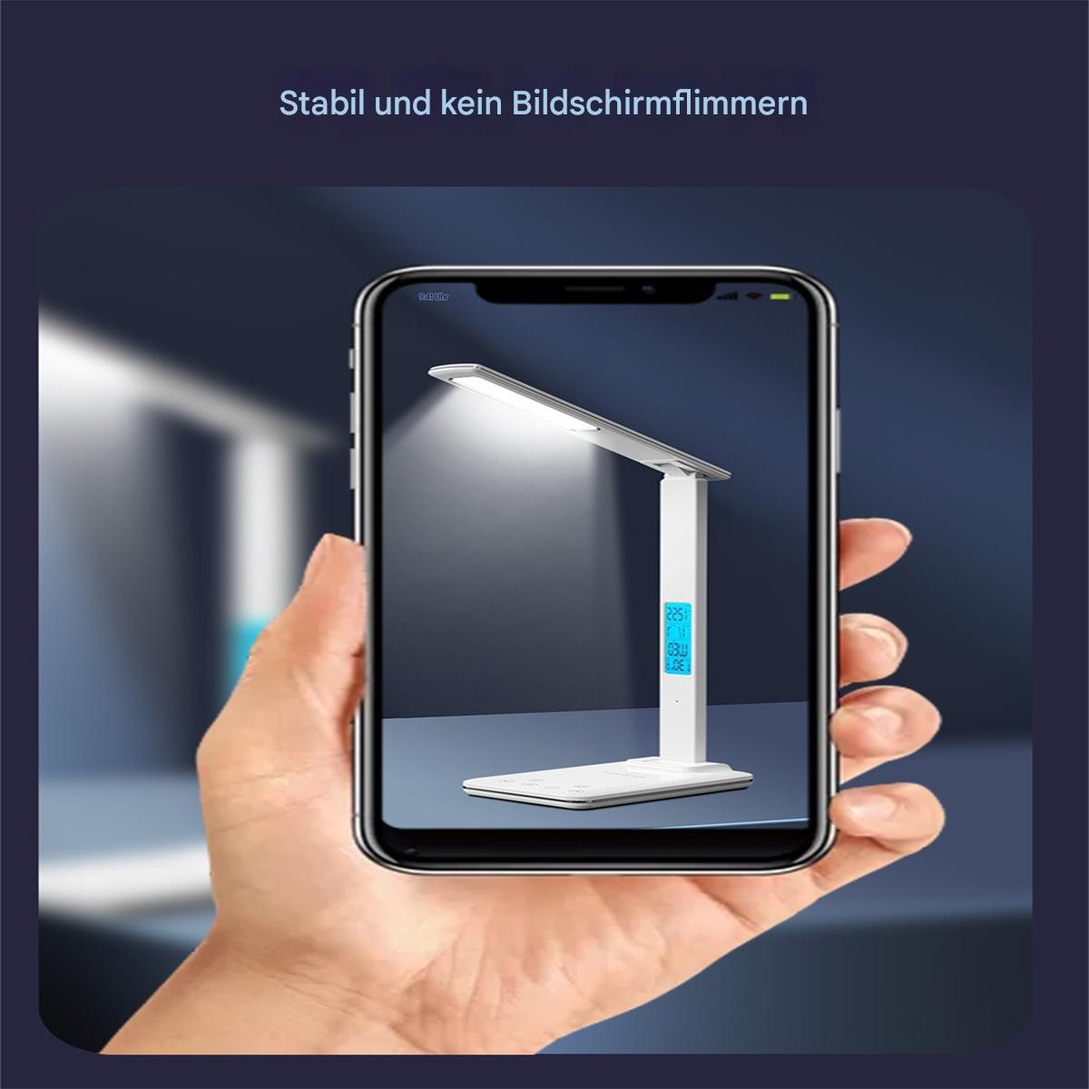 Hand, die ein Telefon hält, das eine weiße Lichtlampe auf dem Bildschirm zeigt. Text: Stabil und kein Bildschirmflimmern.