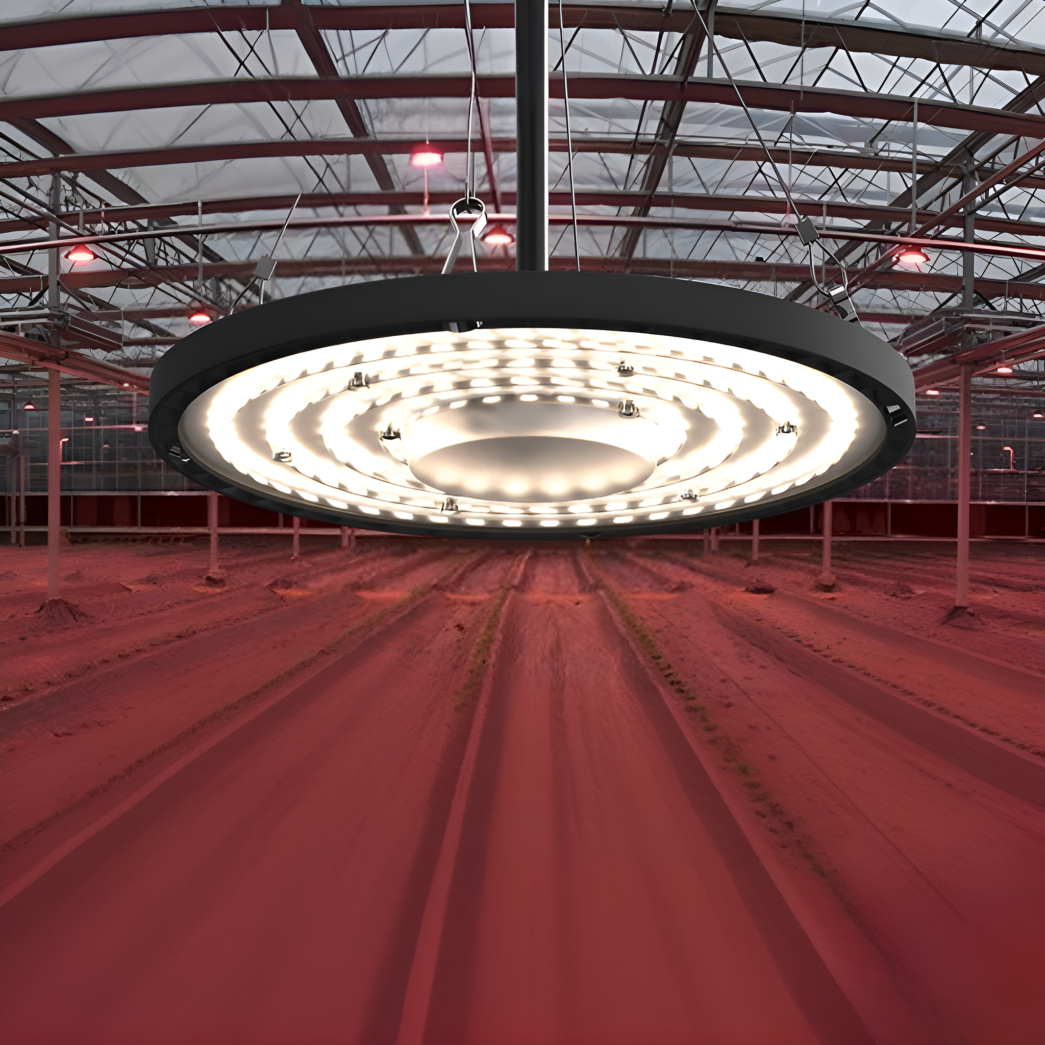 Große kreisförmige Leuchte in einem Gewächshaus. Rote Lichter im Hintergrund.